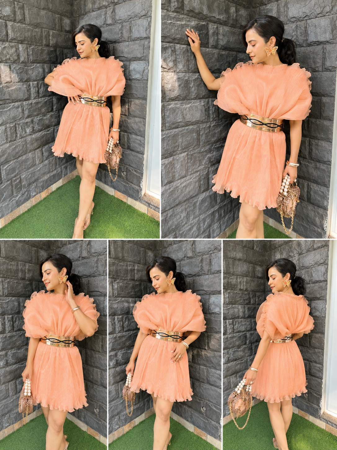 Peach gauze dress with inner and belt