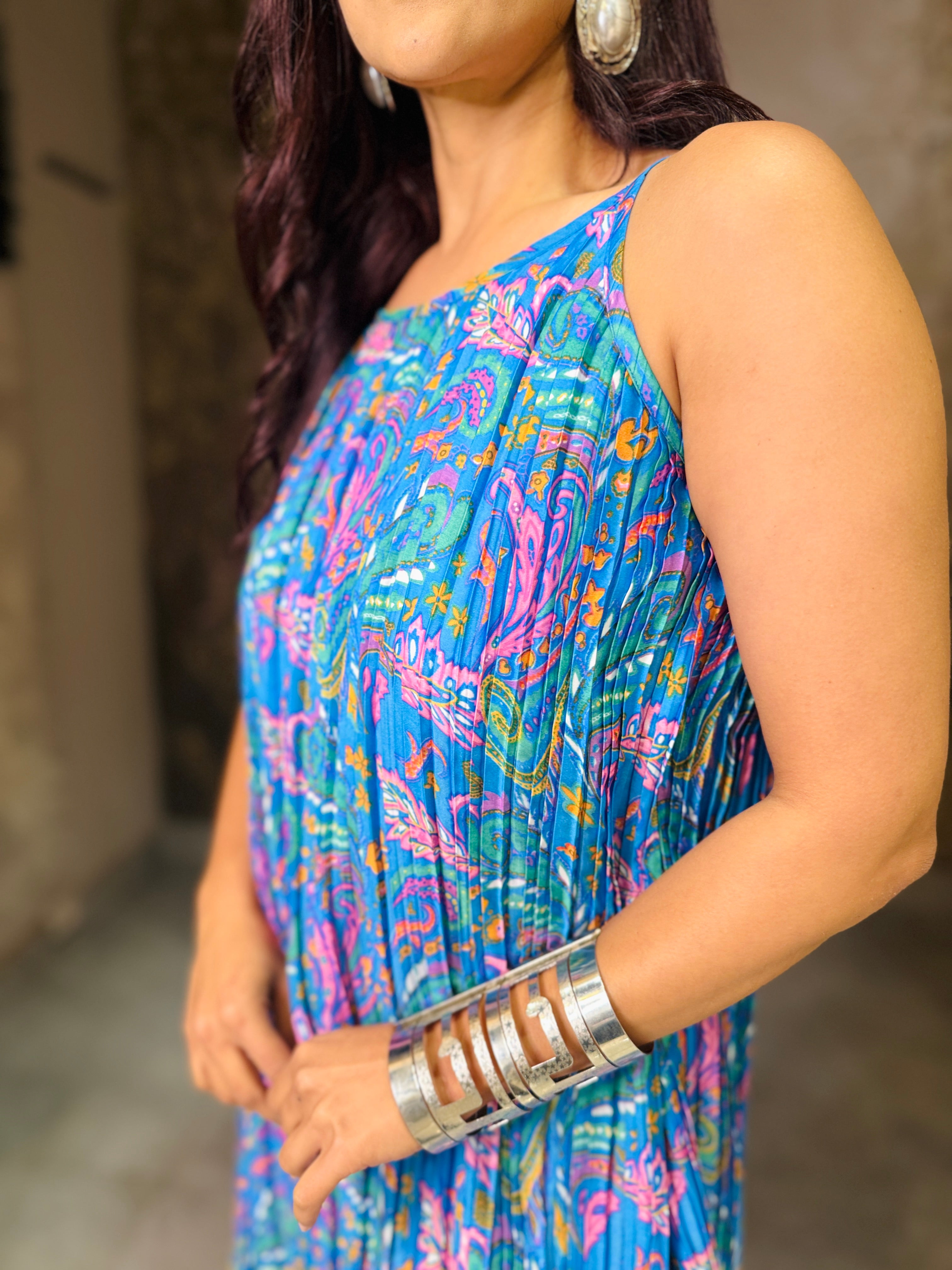 Paisley groove halter neck ruffle dress