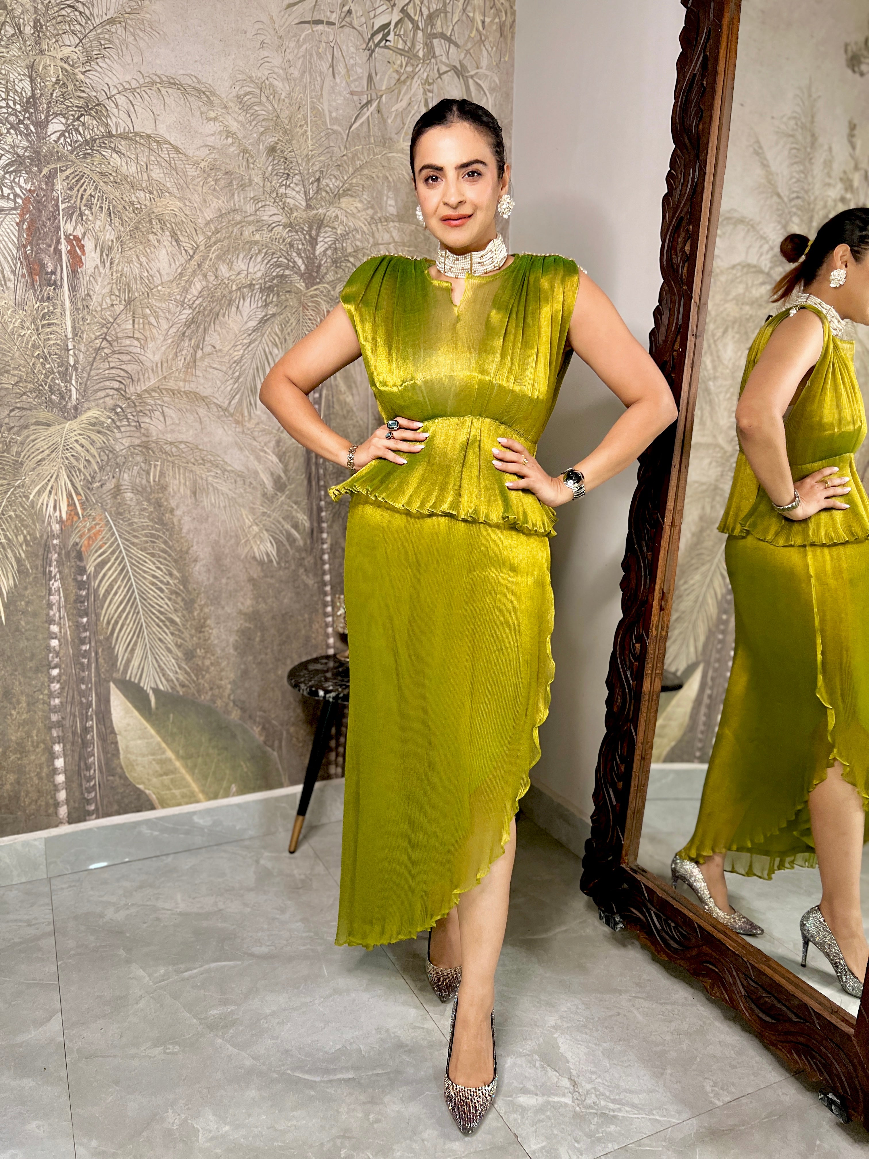 Green ruched moonlift dhoti skirt set