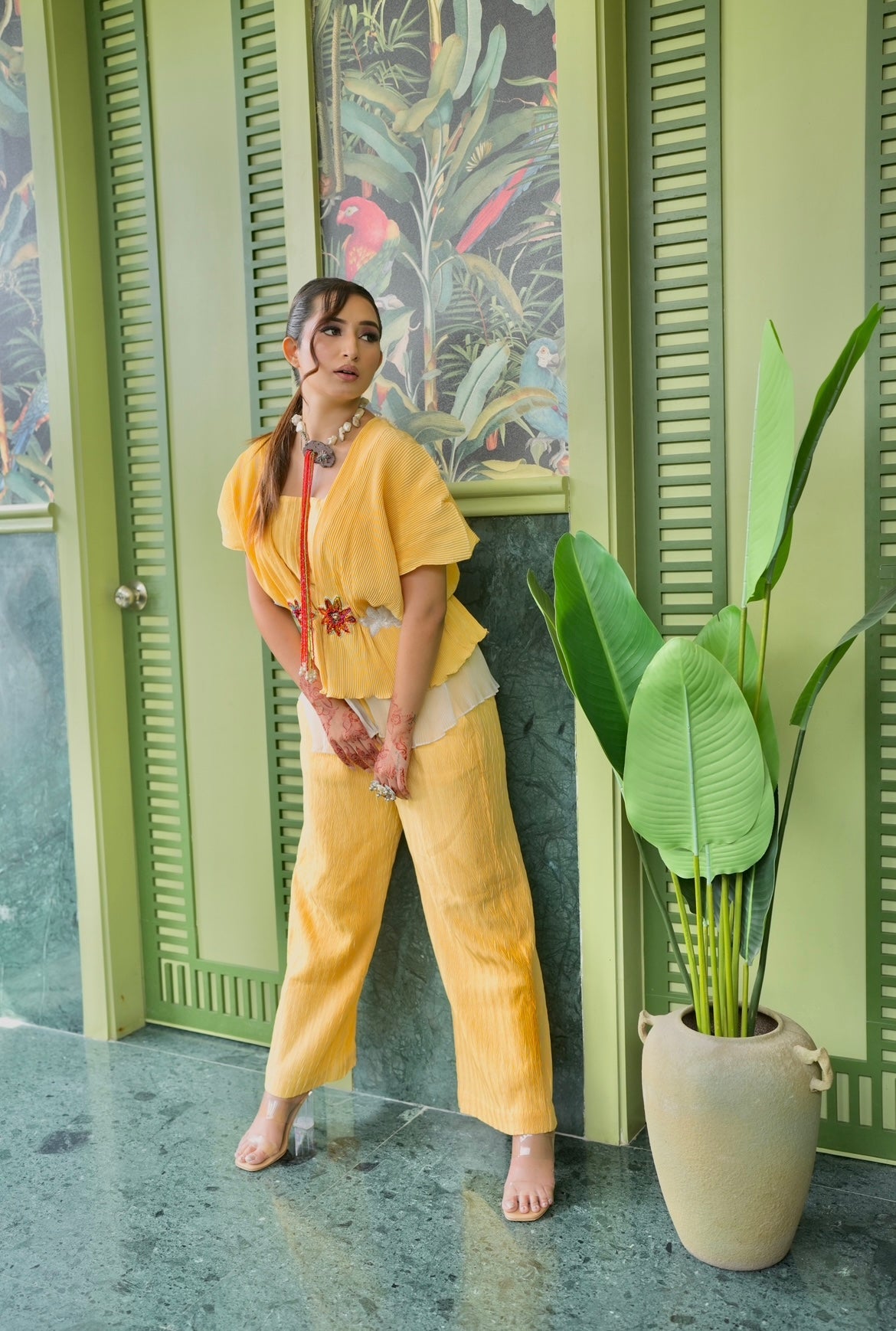 Yellow embroidered layered pants set