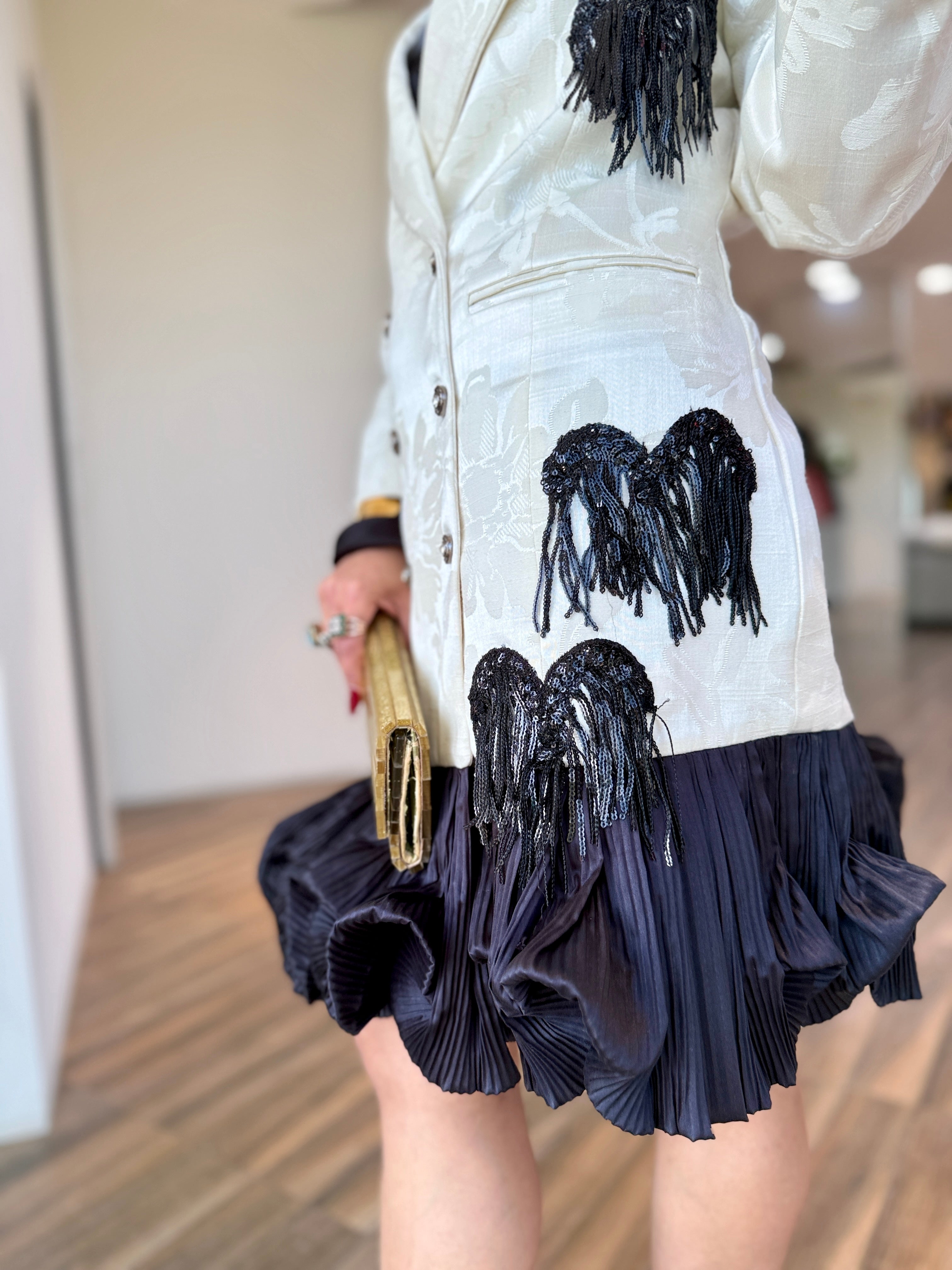 White jacquard tassel ruffle dress