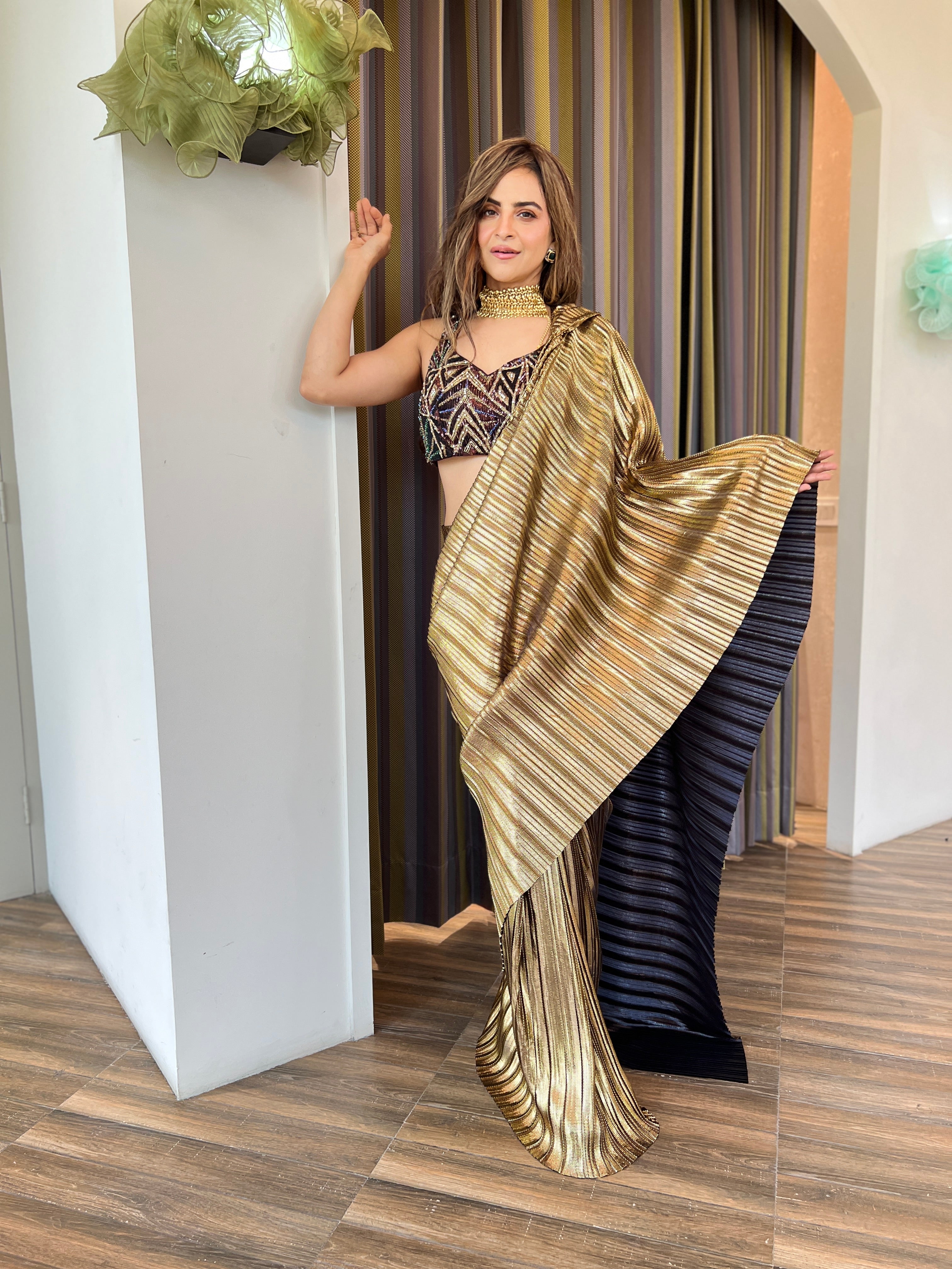 Zardosi Blouse with pre-draped Saree Set in Egyptian Gold