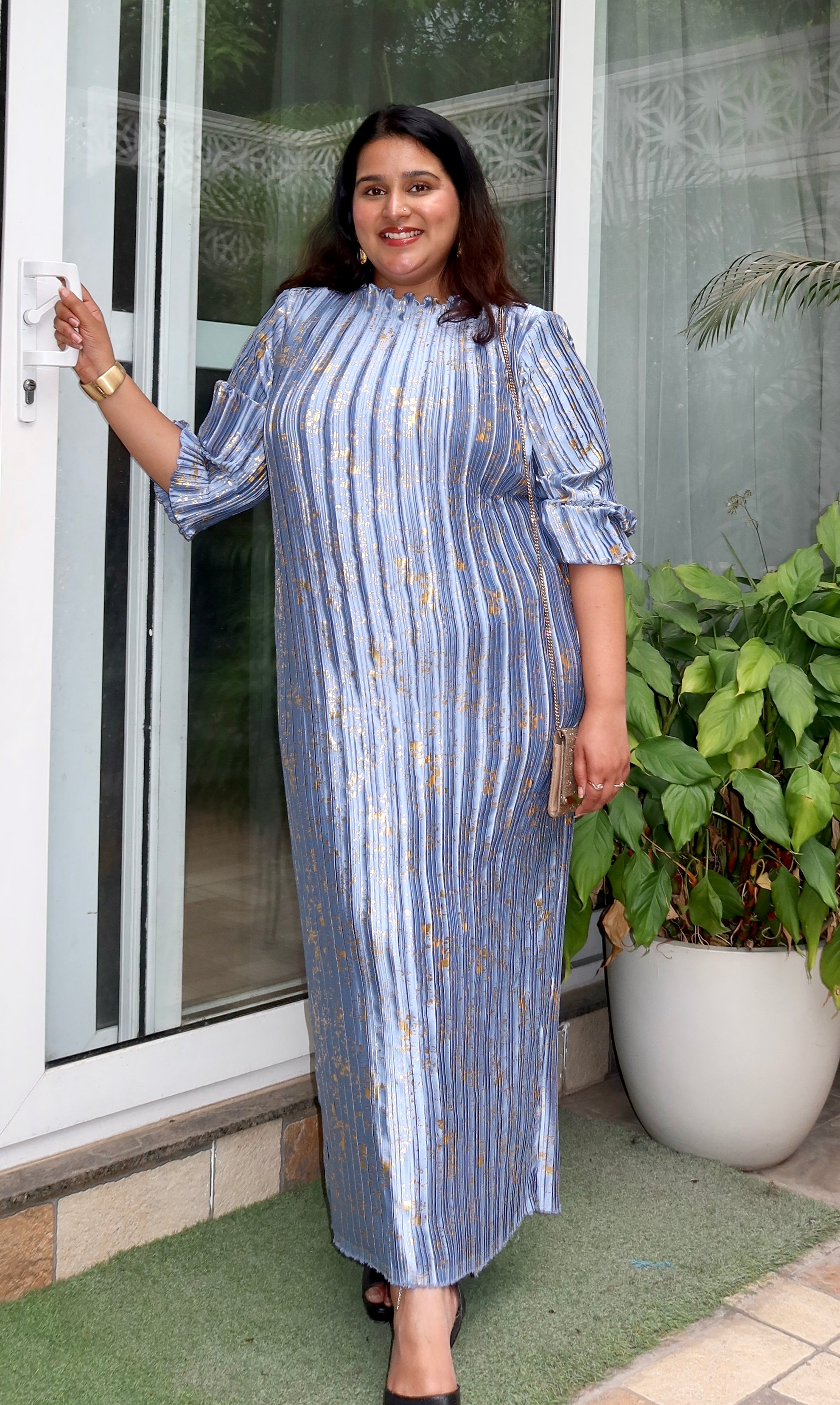 Ice Frost Pleated Dress in Blue