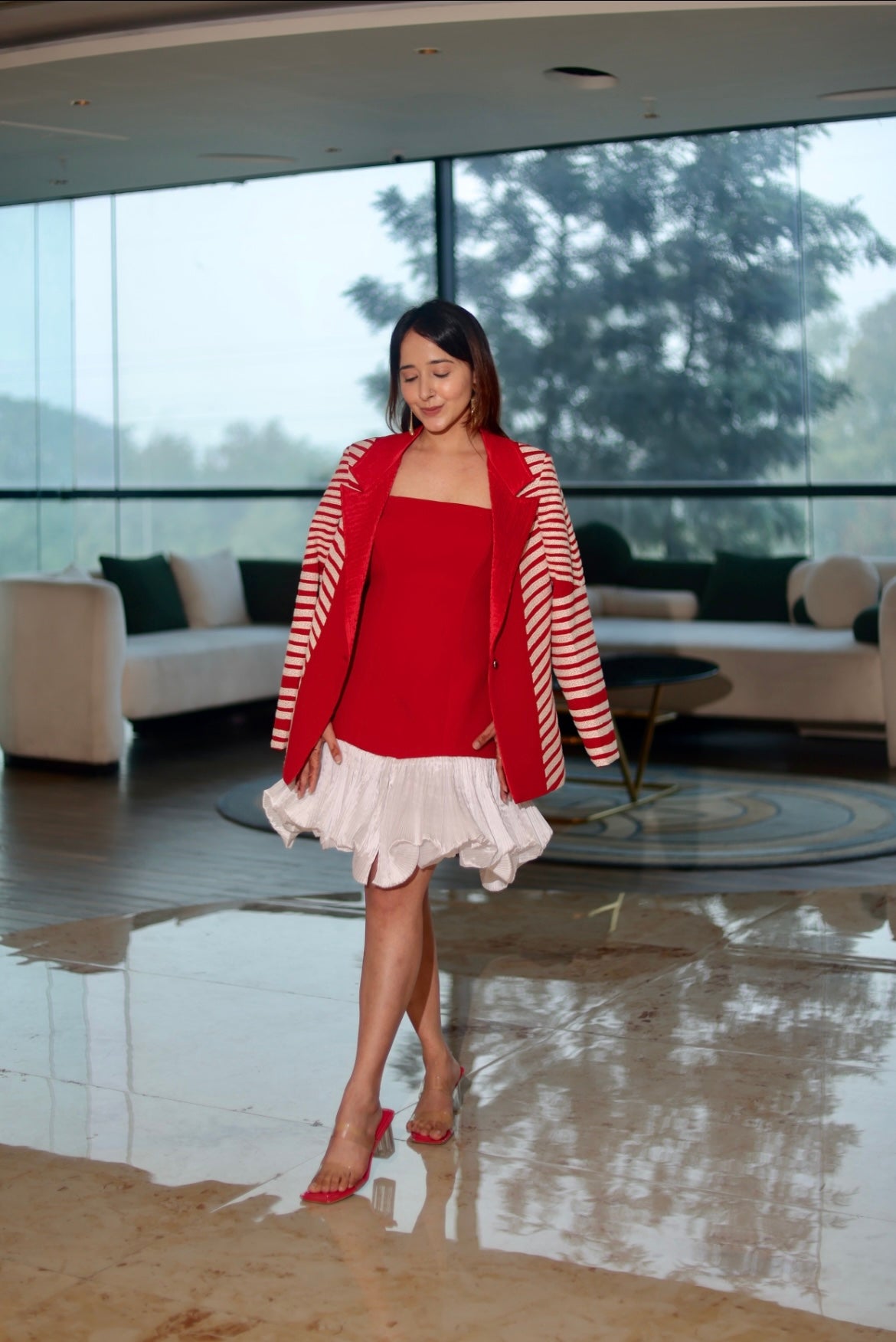 Red illusion power blazer with dress set