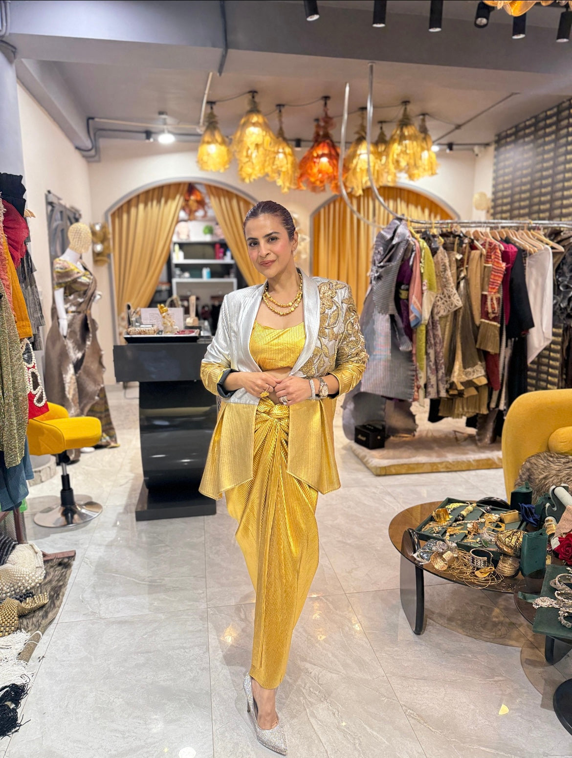Gold Lust Power Drape Skirt Suit with Neckpiece