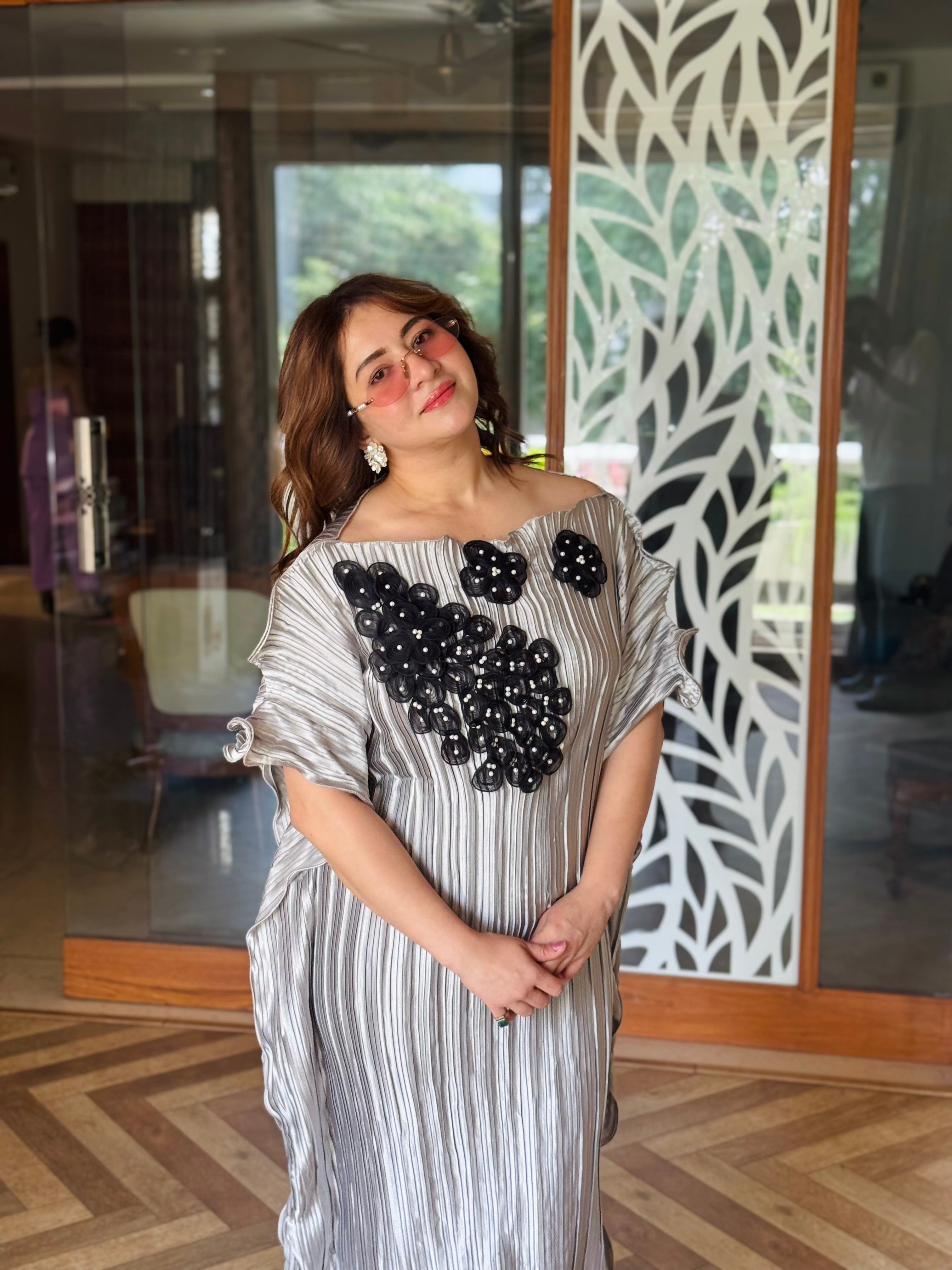 Grey Kaftan with Black Petal Embellishments