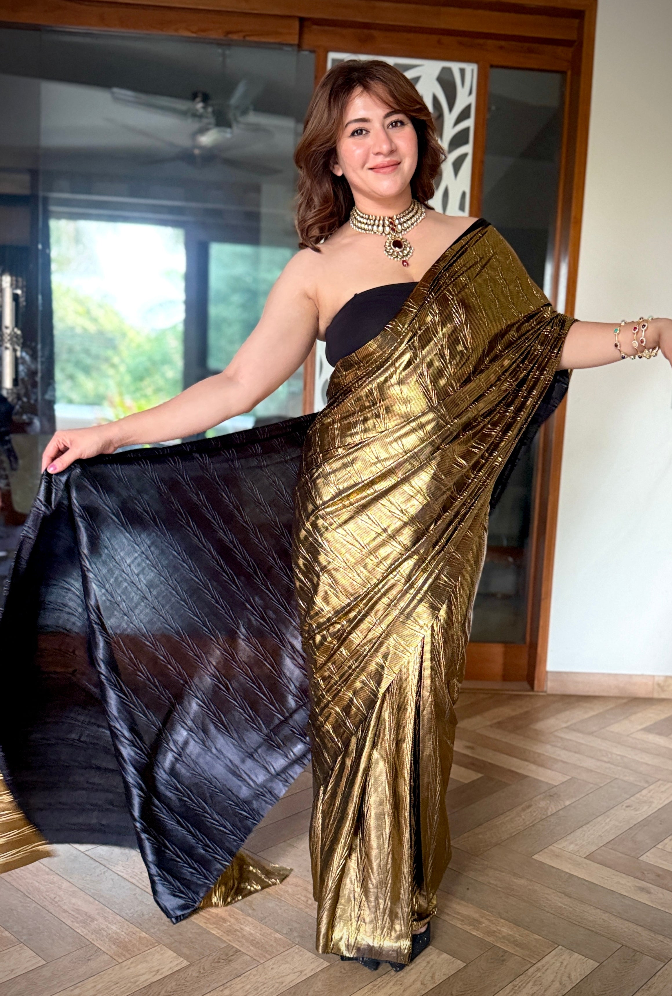 Renaissance gold foil pre-draped saree set