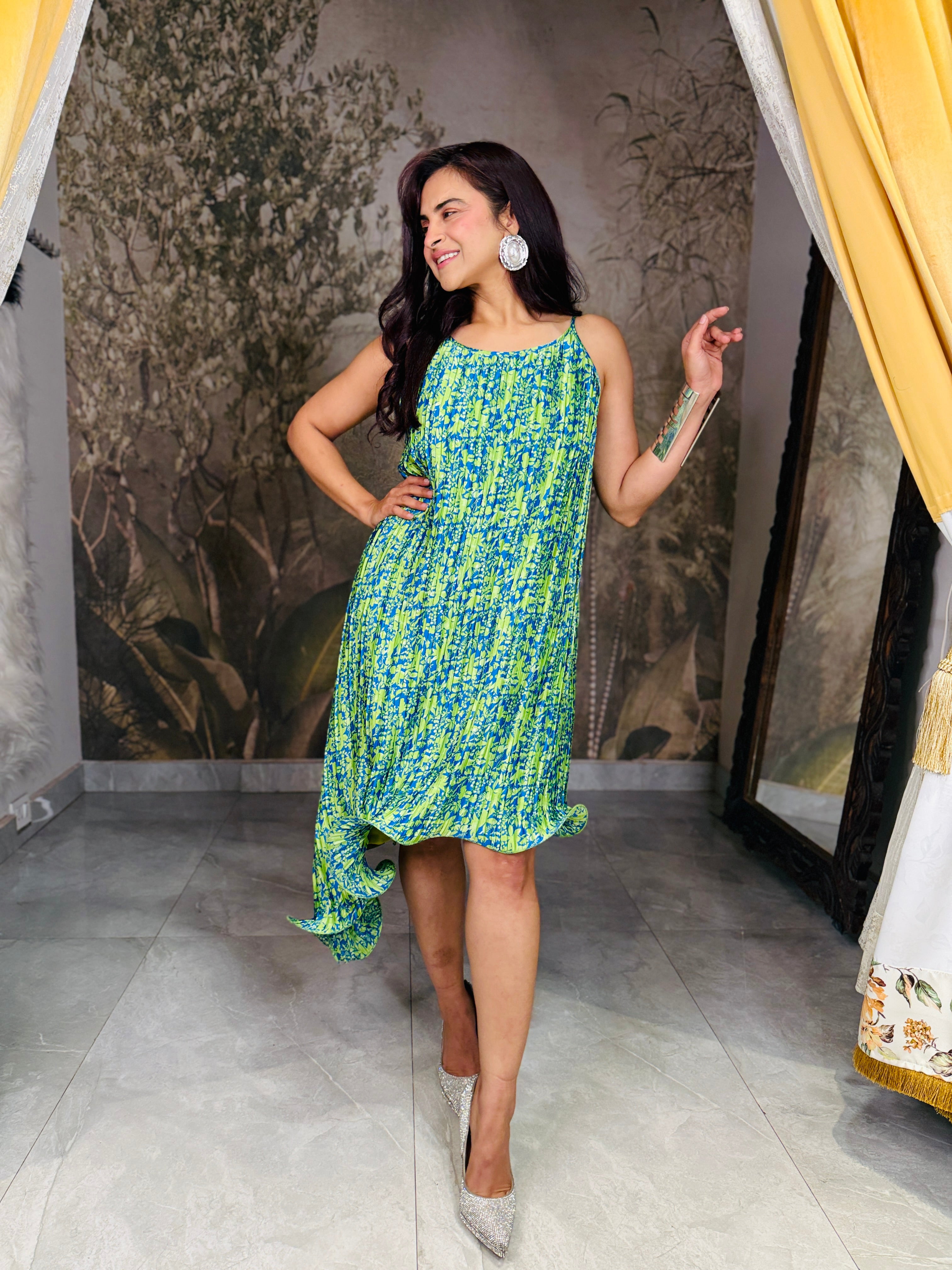Martinique green halter neck ruffle dress