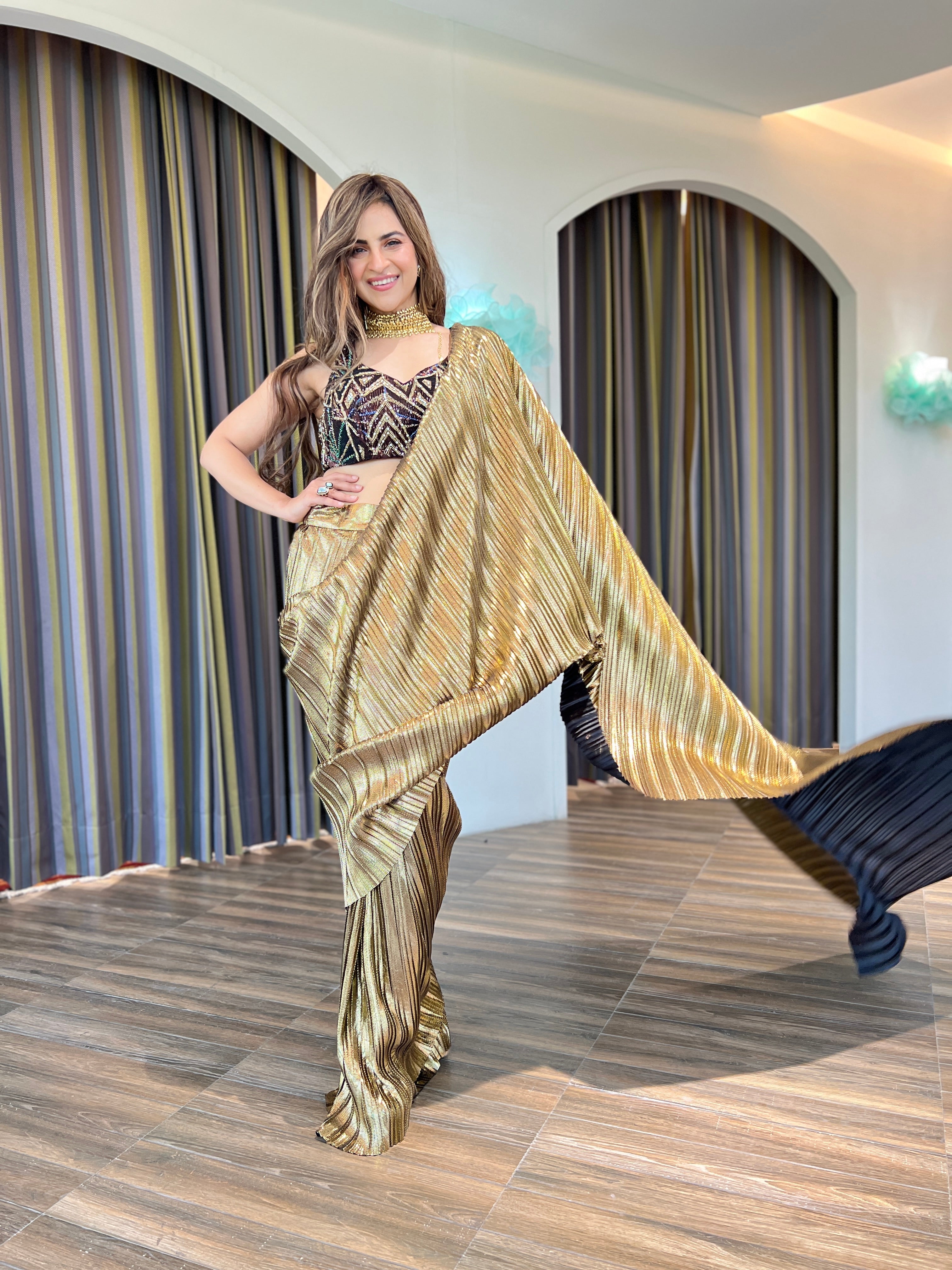 Zardosi Blouse with pre-draped Saree Set in Egyptian Gold