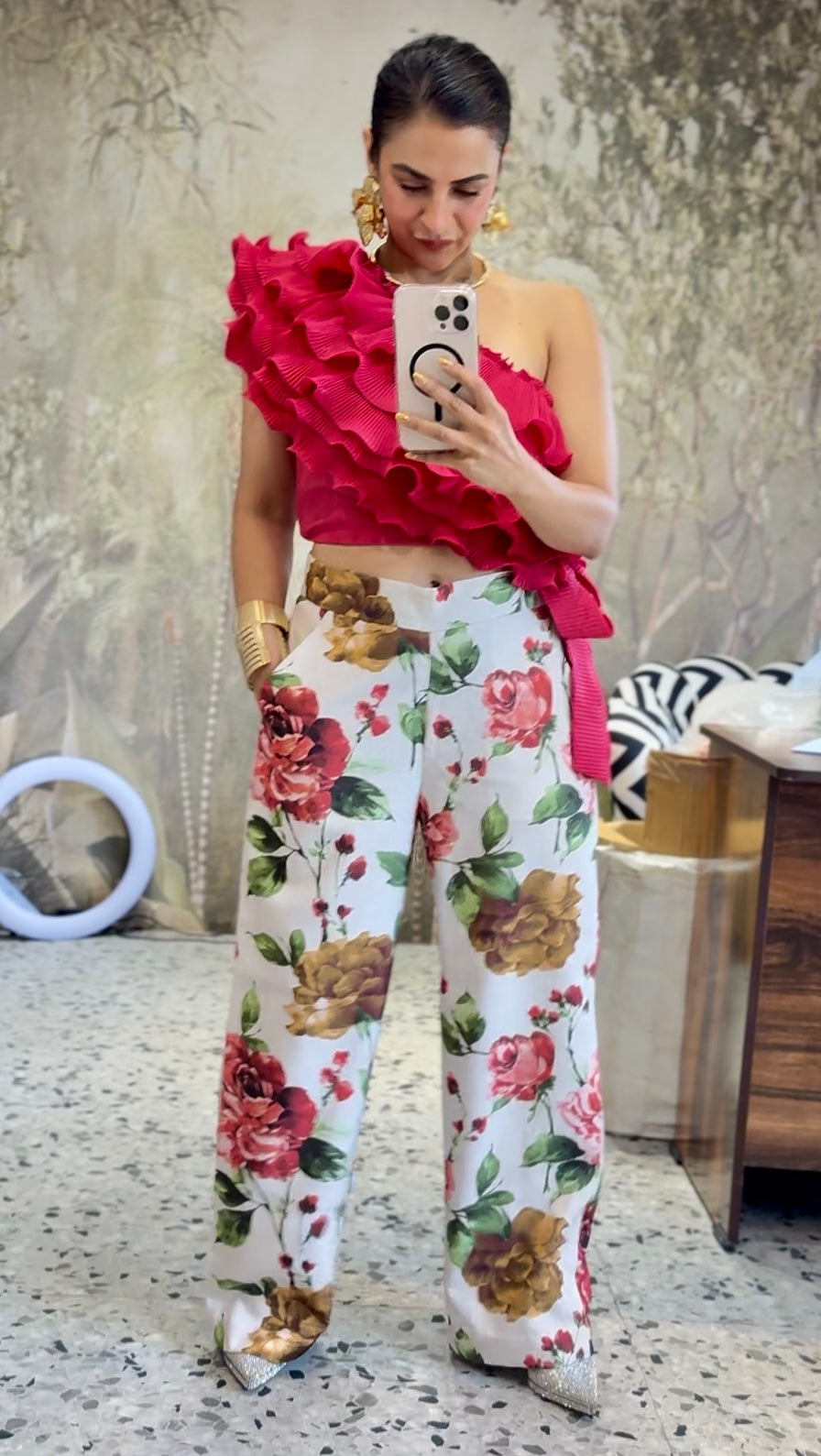 Pink floral ruffle layered pants set
