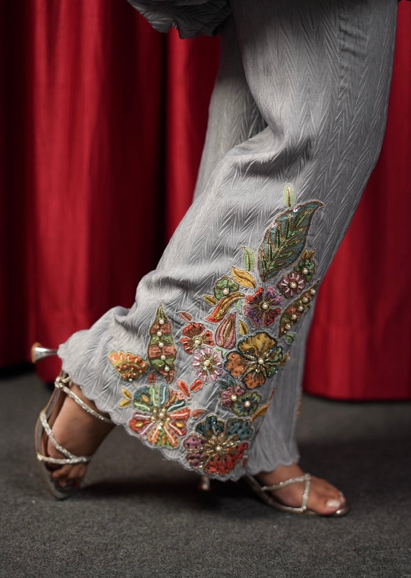 Moonstone Embroidered peplum pants set in Grey