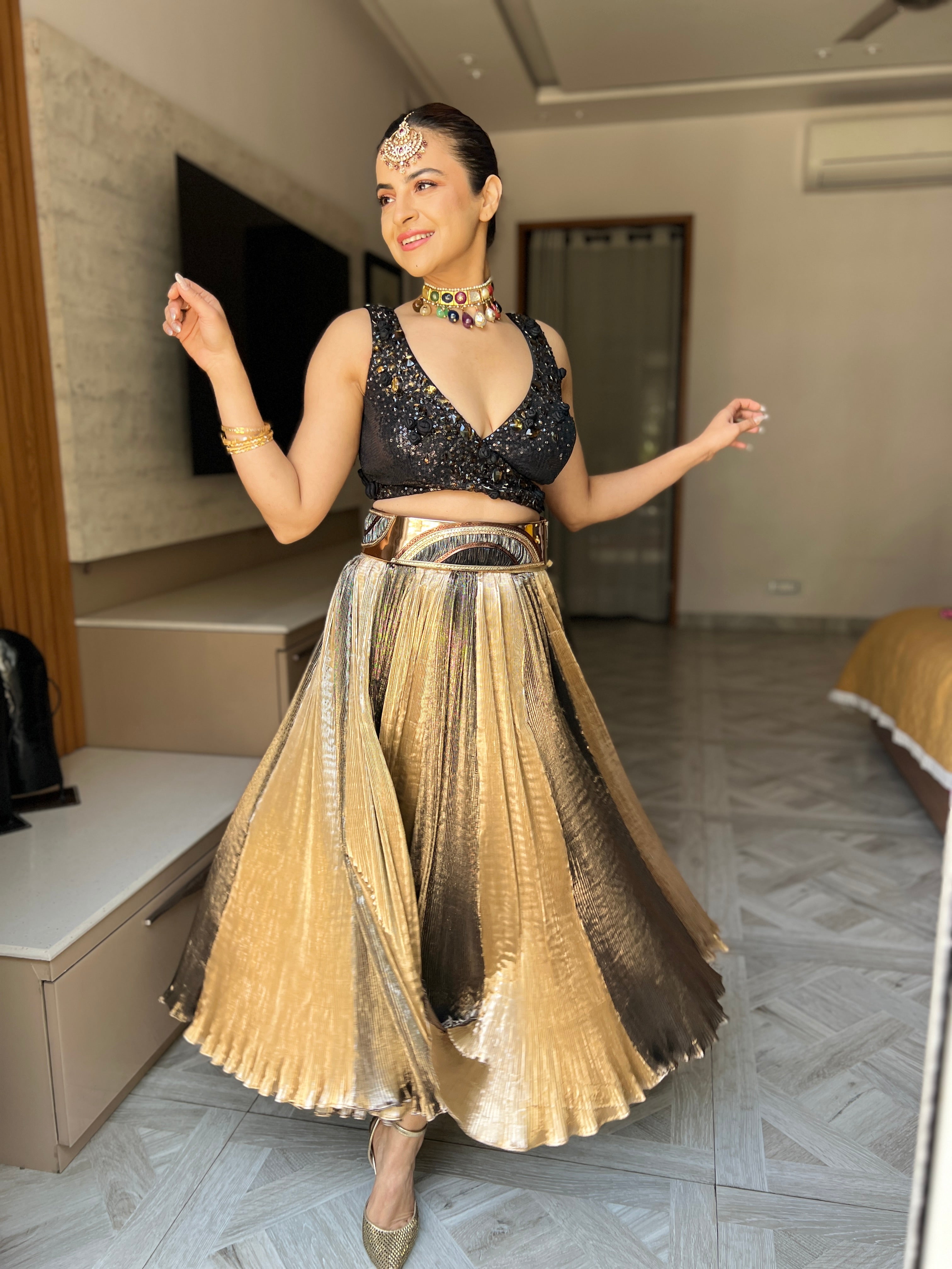 Zuri Gold lehenga with embroidery blouse in Gold and black