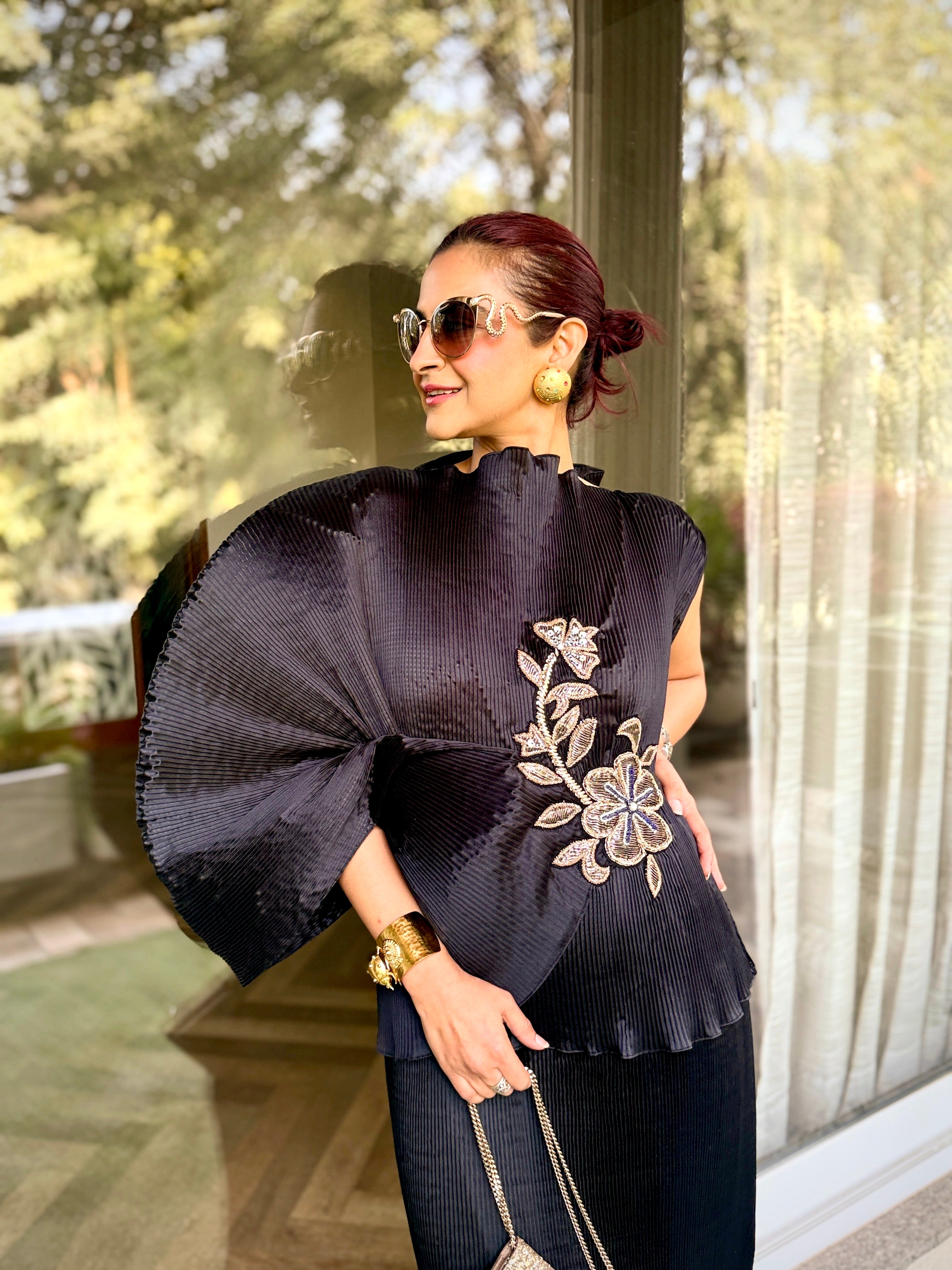 Midnight Embroidered Lunar Bloom Top in Black