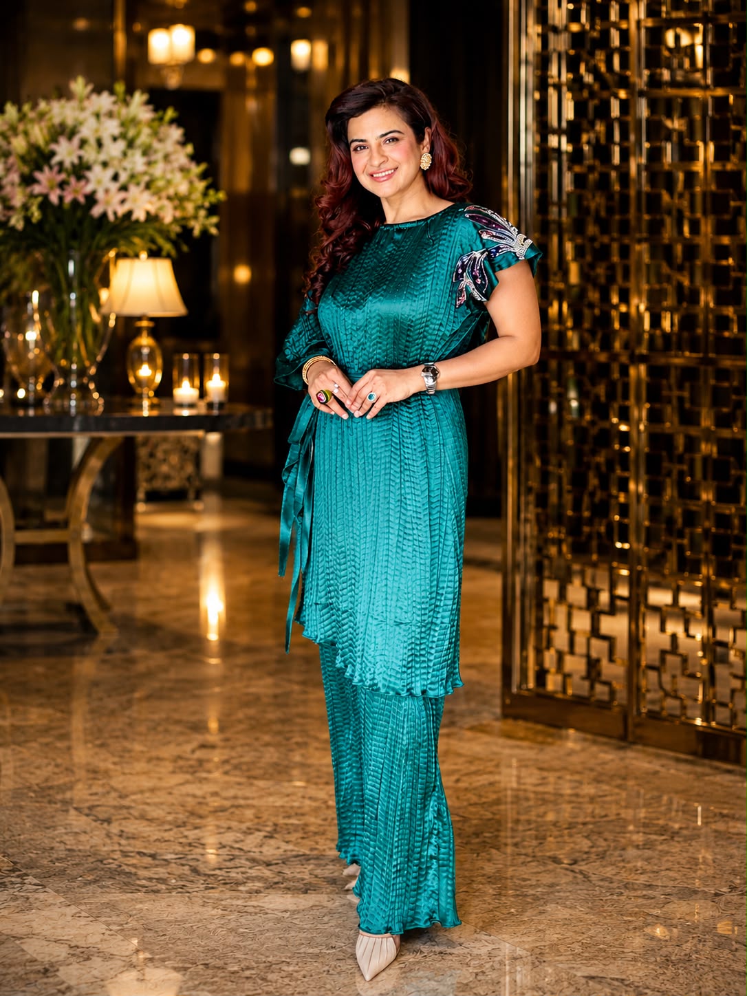 Emerald Geen Embroidered Pants set in Bottle Green