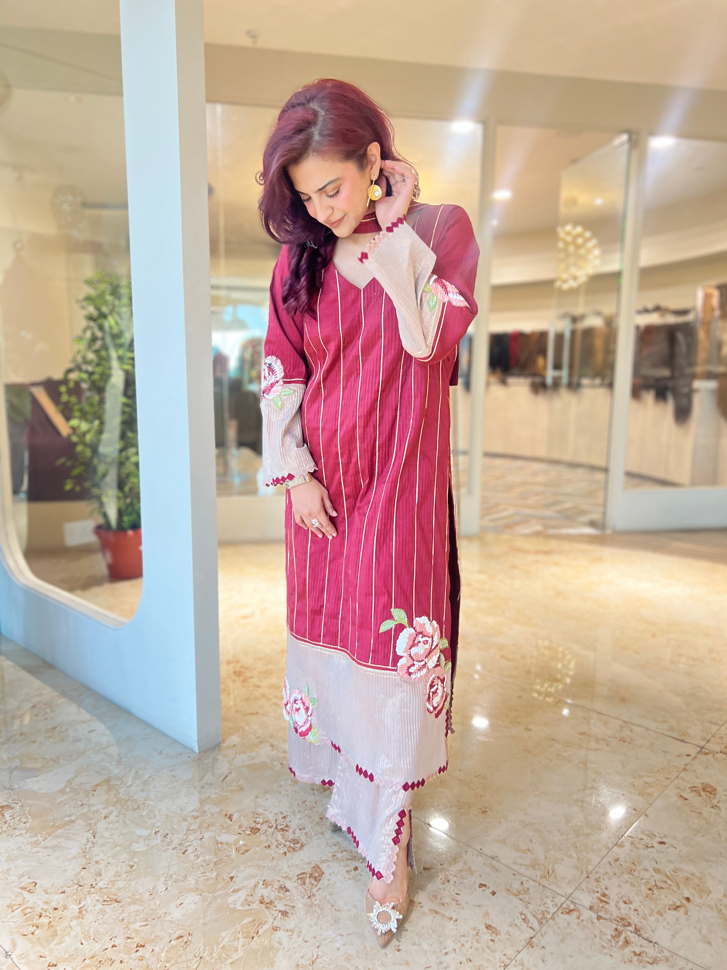 Zuri maroon gota striped suit set