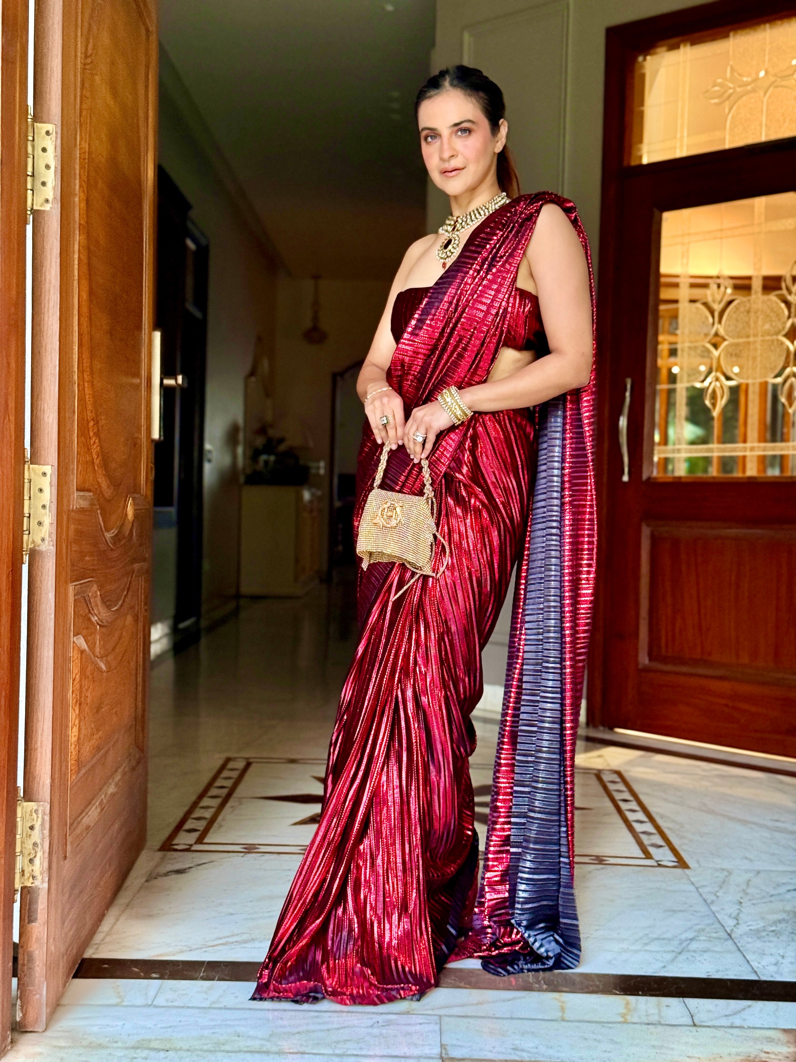 Venetian Red pre-draped saree set