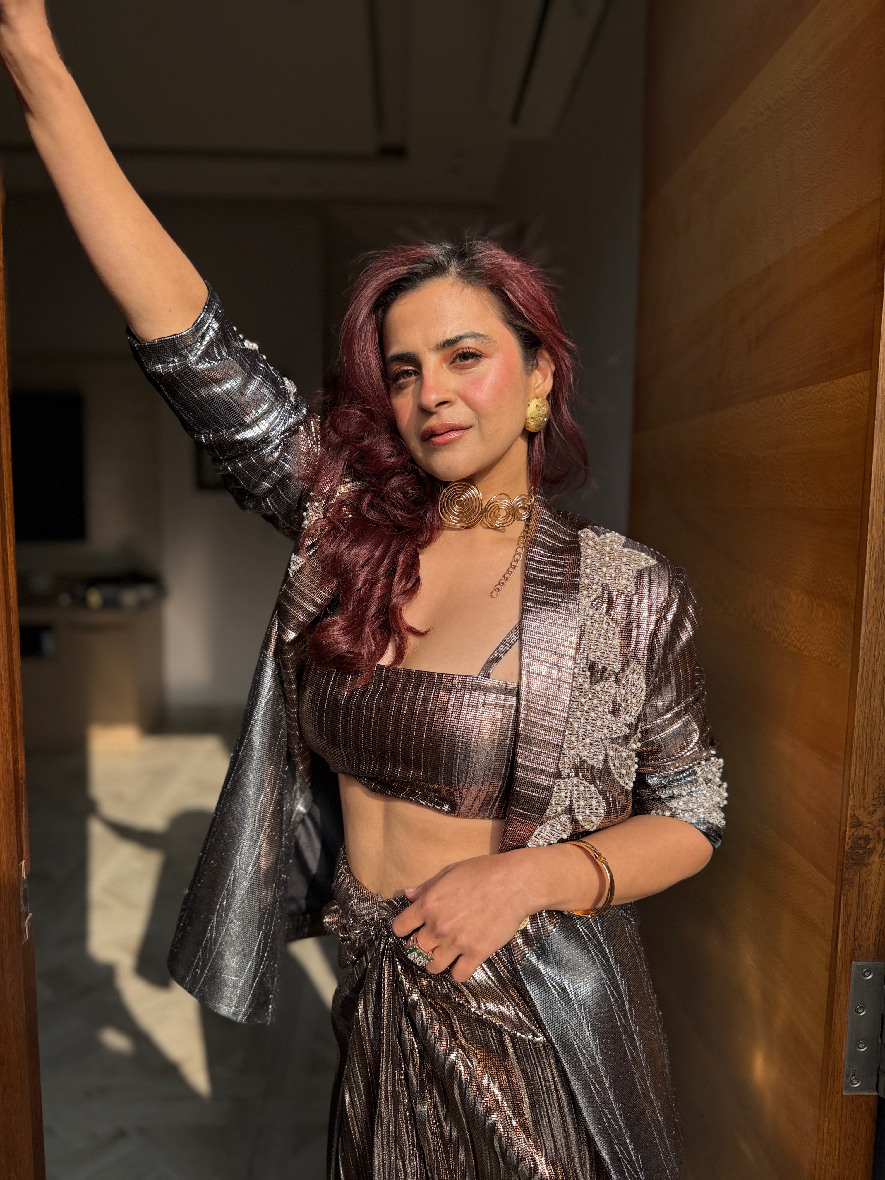 Copper foil  half and half Lust Power Drape Skirt Suit