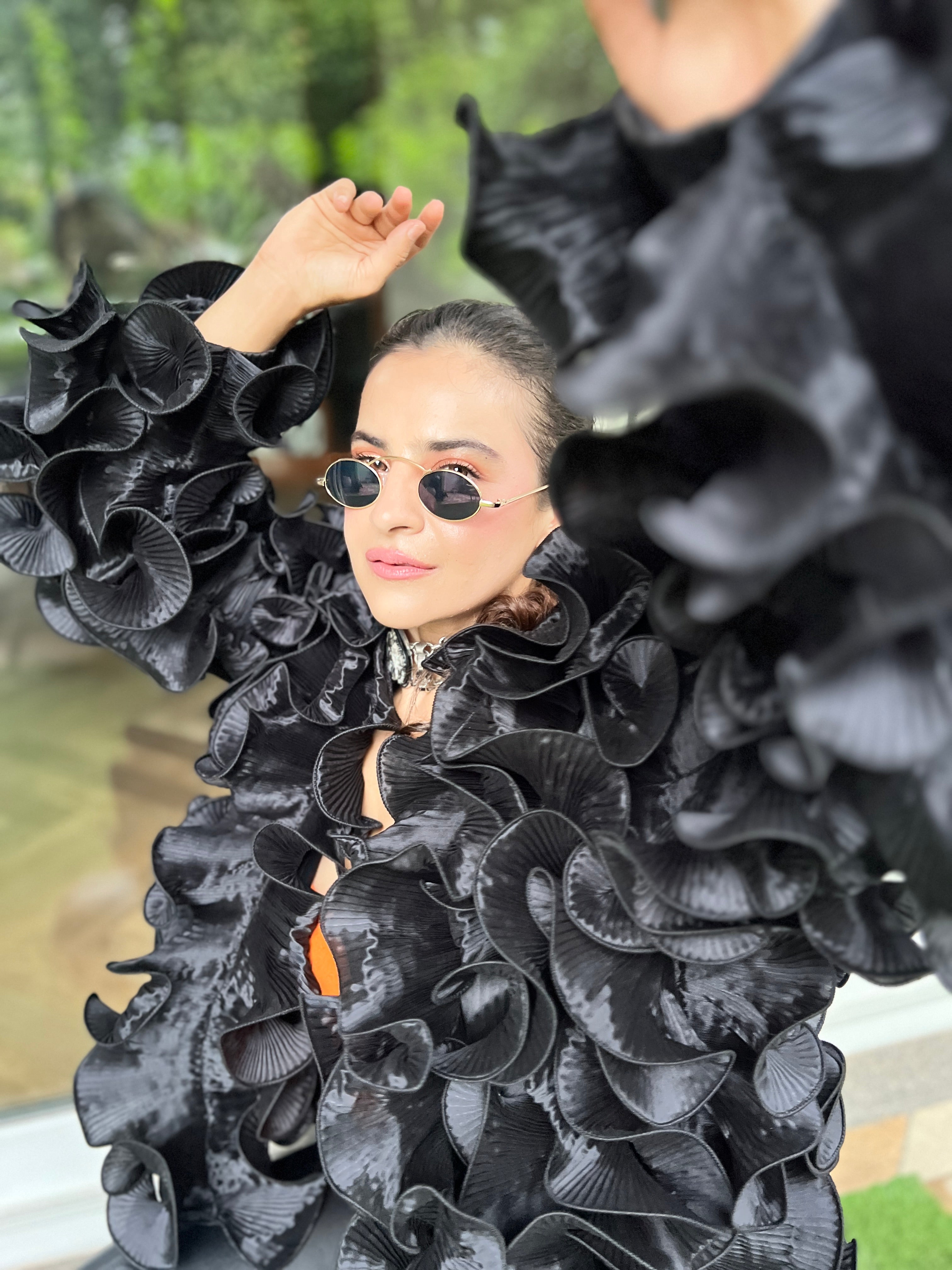 Black silk ruffle cape