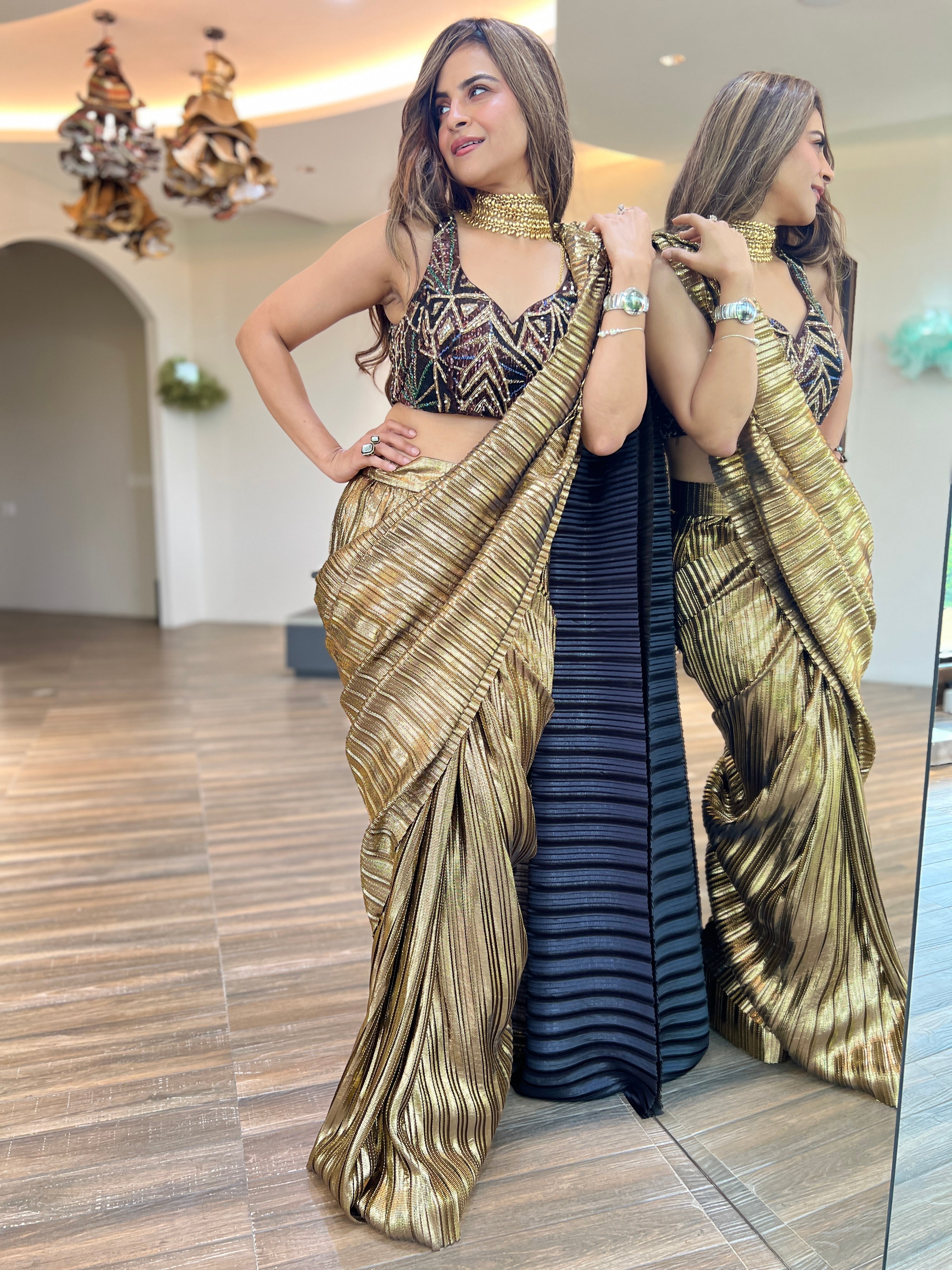 Zardosi Blouse with pre-draped Saree Set in Egyptian Gold