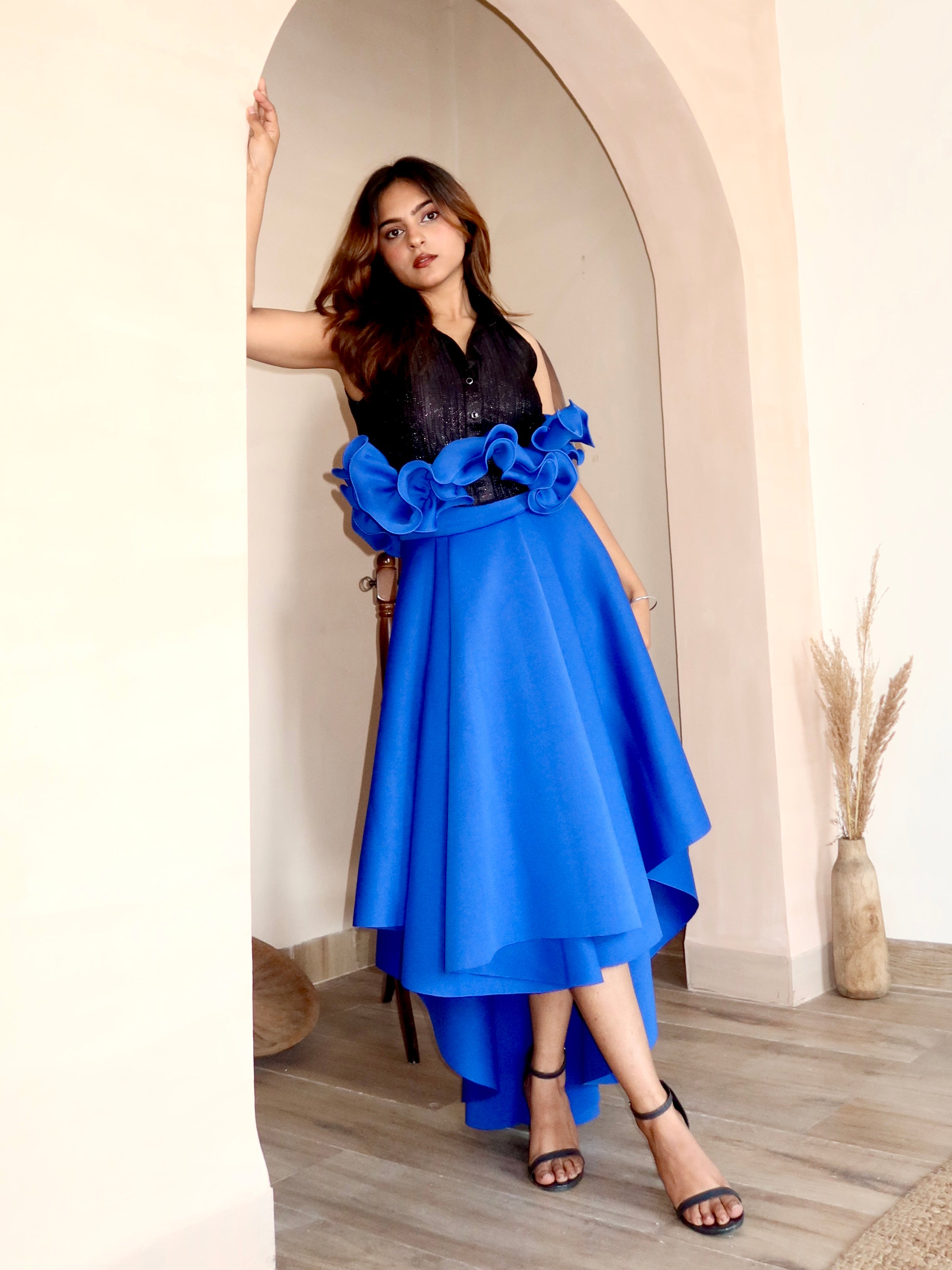 Ruffle  Drama Skirt Set in blue and black