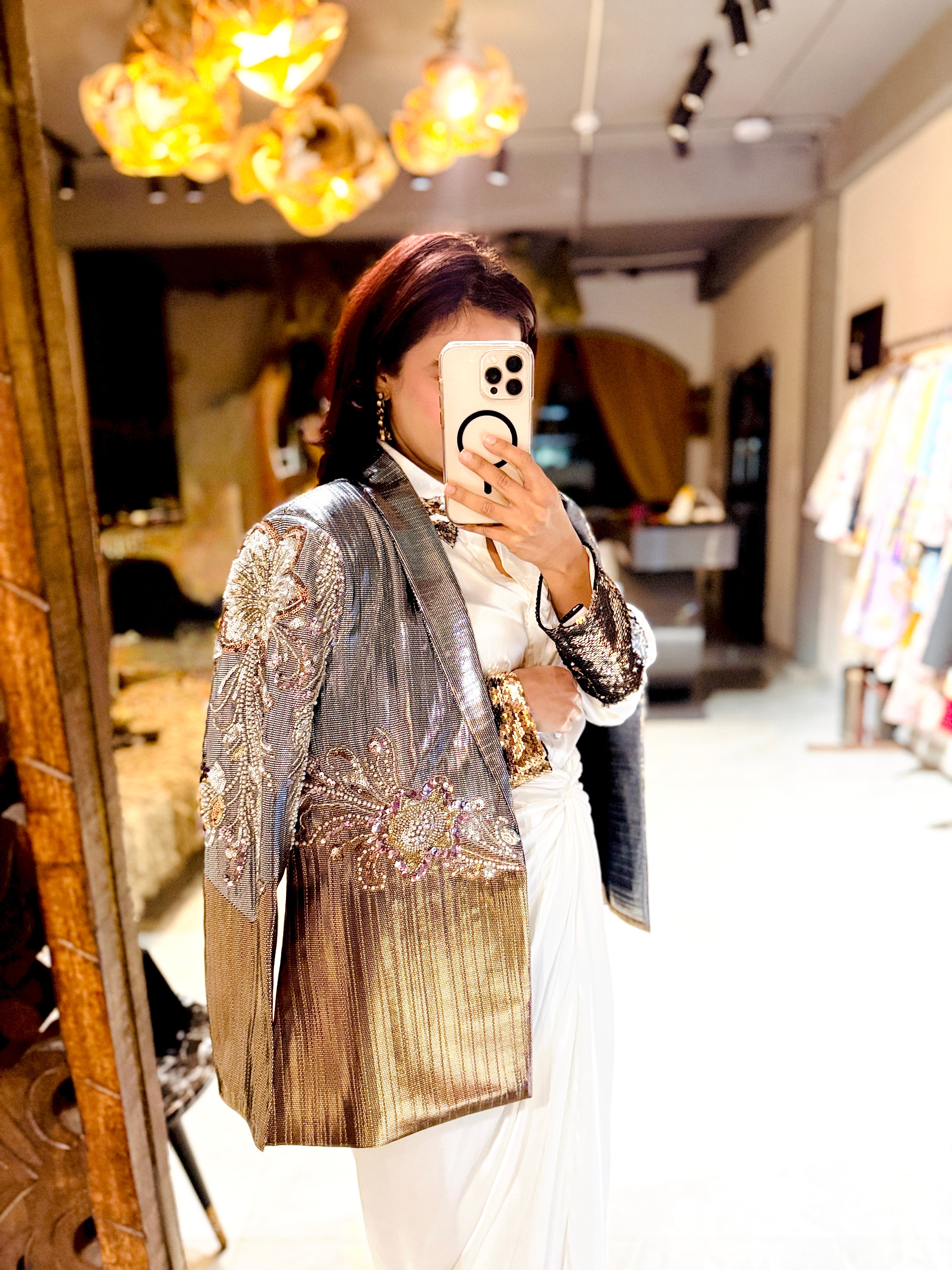 Silver copper new emb half and half blazer