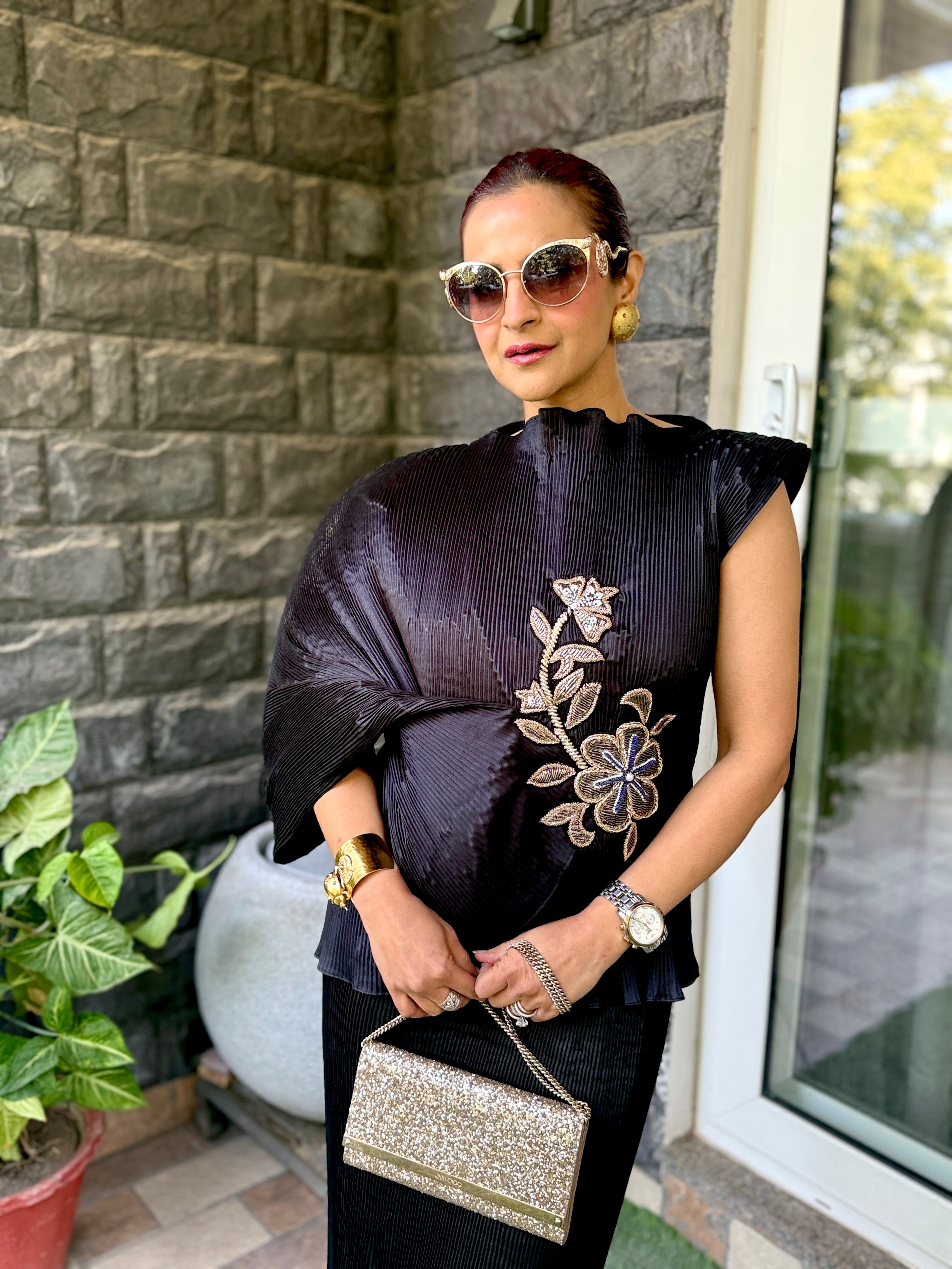 Midnight Embroidered Lunar Bloom Top in Black