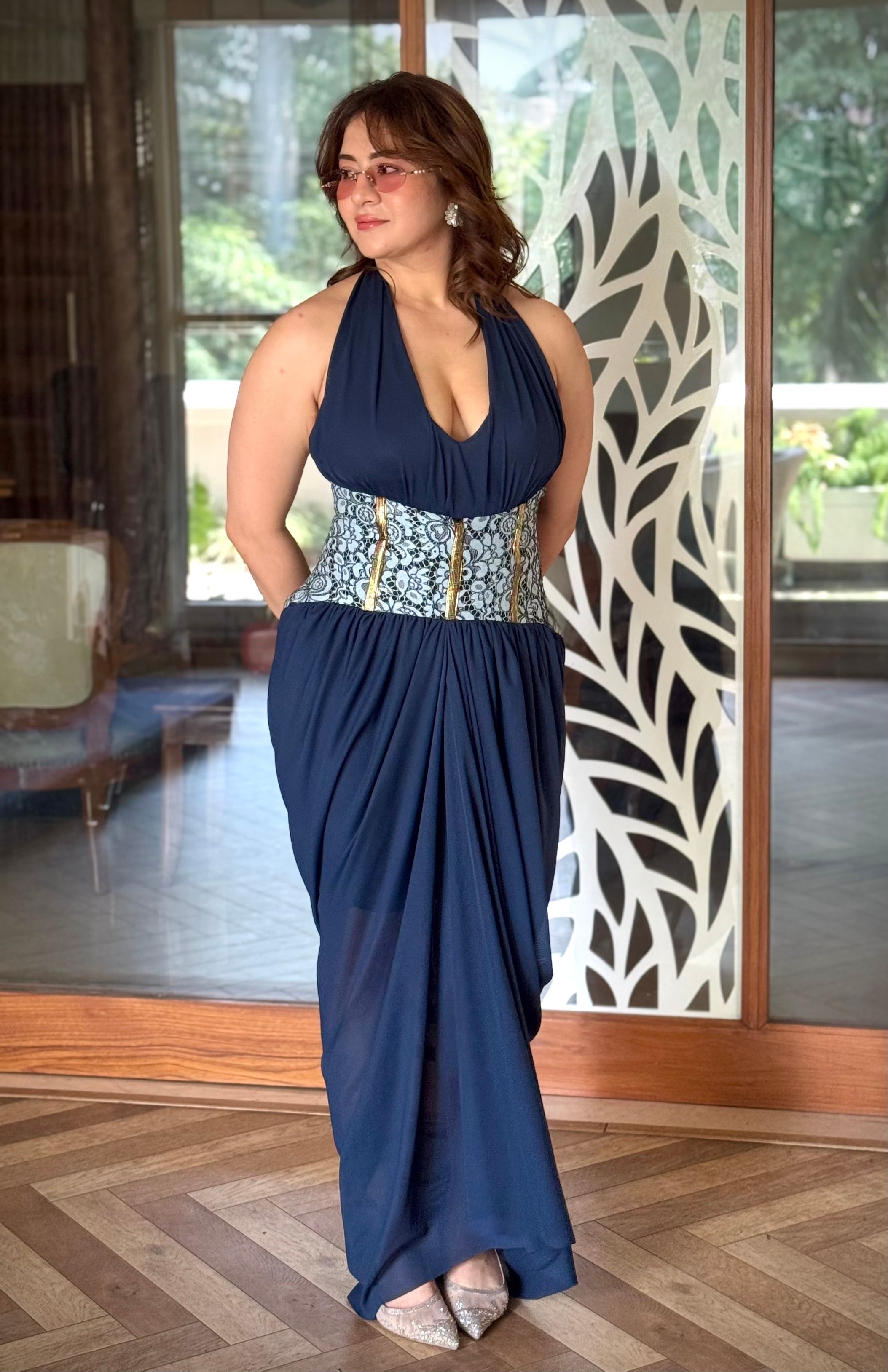 blue  v neck corset Lycra gown
