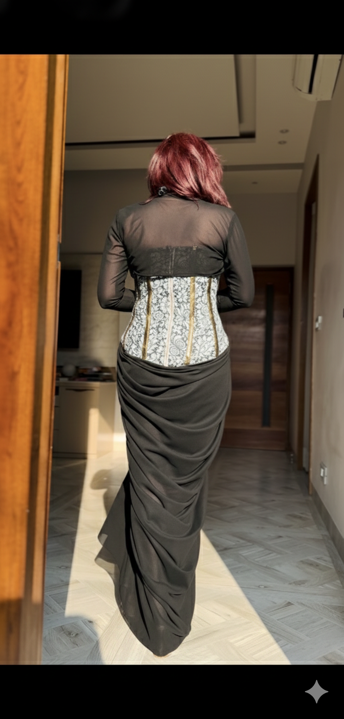 black  v neck corset lycra gown with shrug