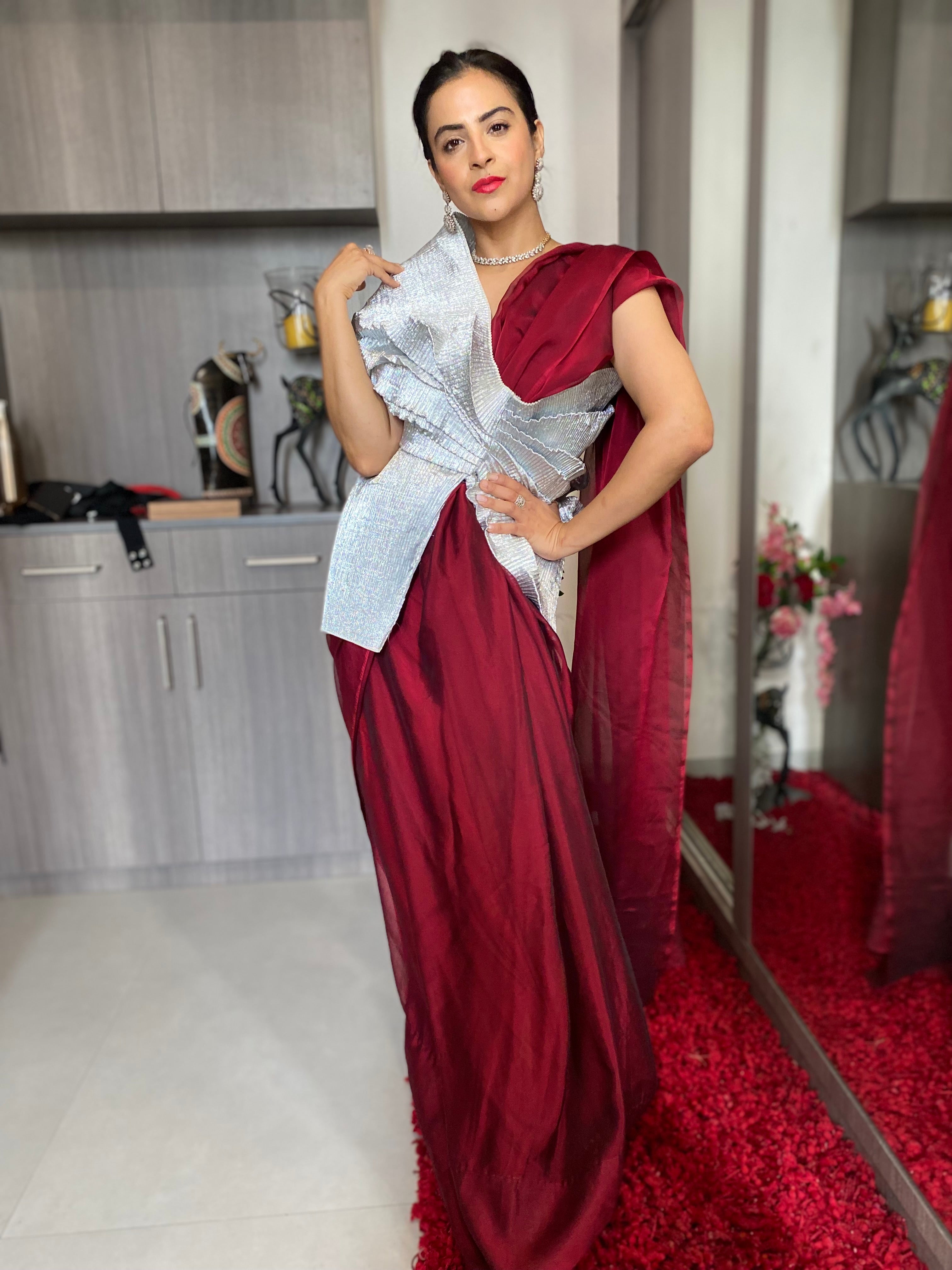 Silver & Maroon shimmer multi drape saree set