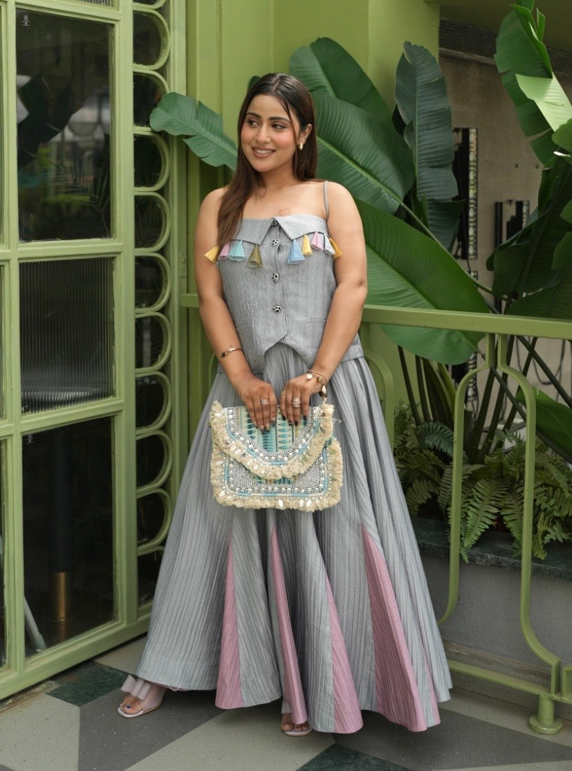 Tassel Tale Skirt Coord Set in Grey and Pink