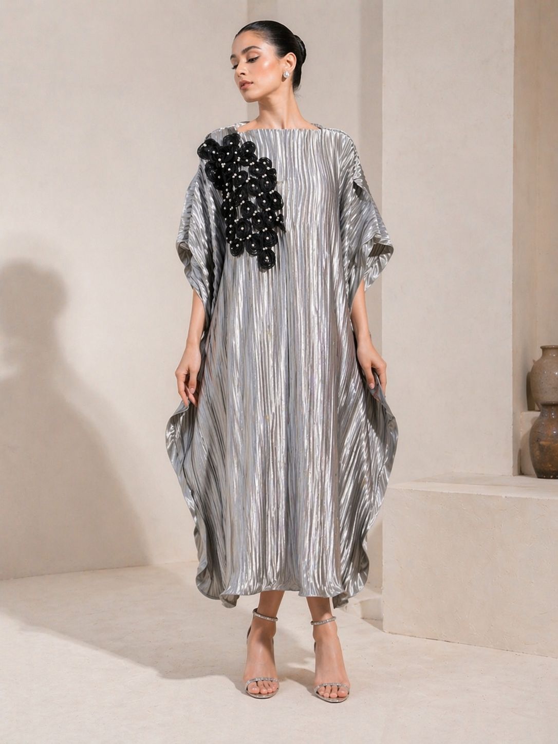 Grey Kaftan with Black Petal Embellishments