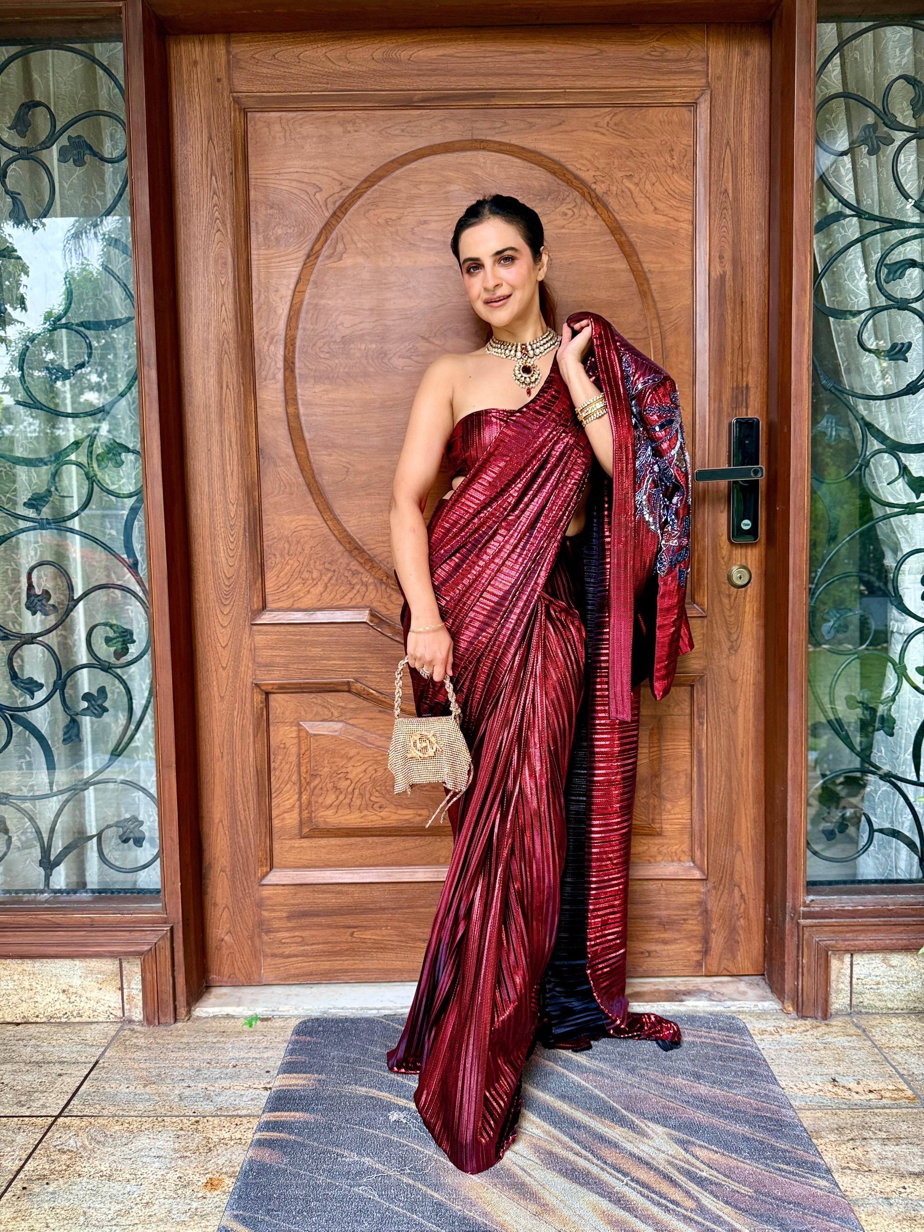 Venetian Red pre-draped saree set