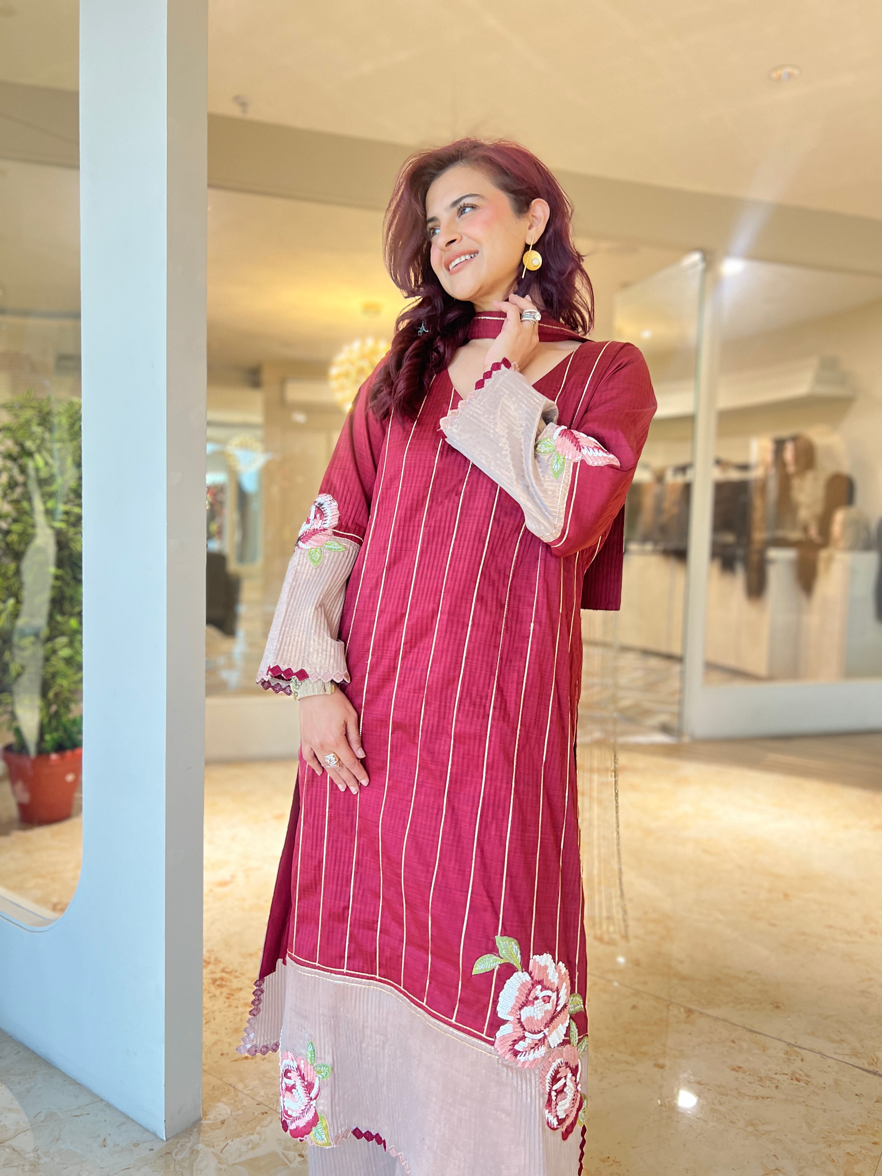 Zuri maroon gota striped suit set