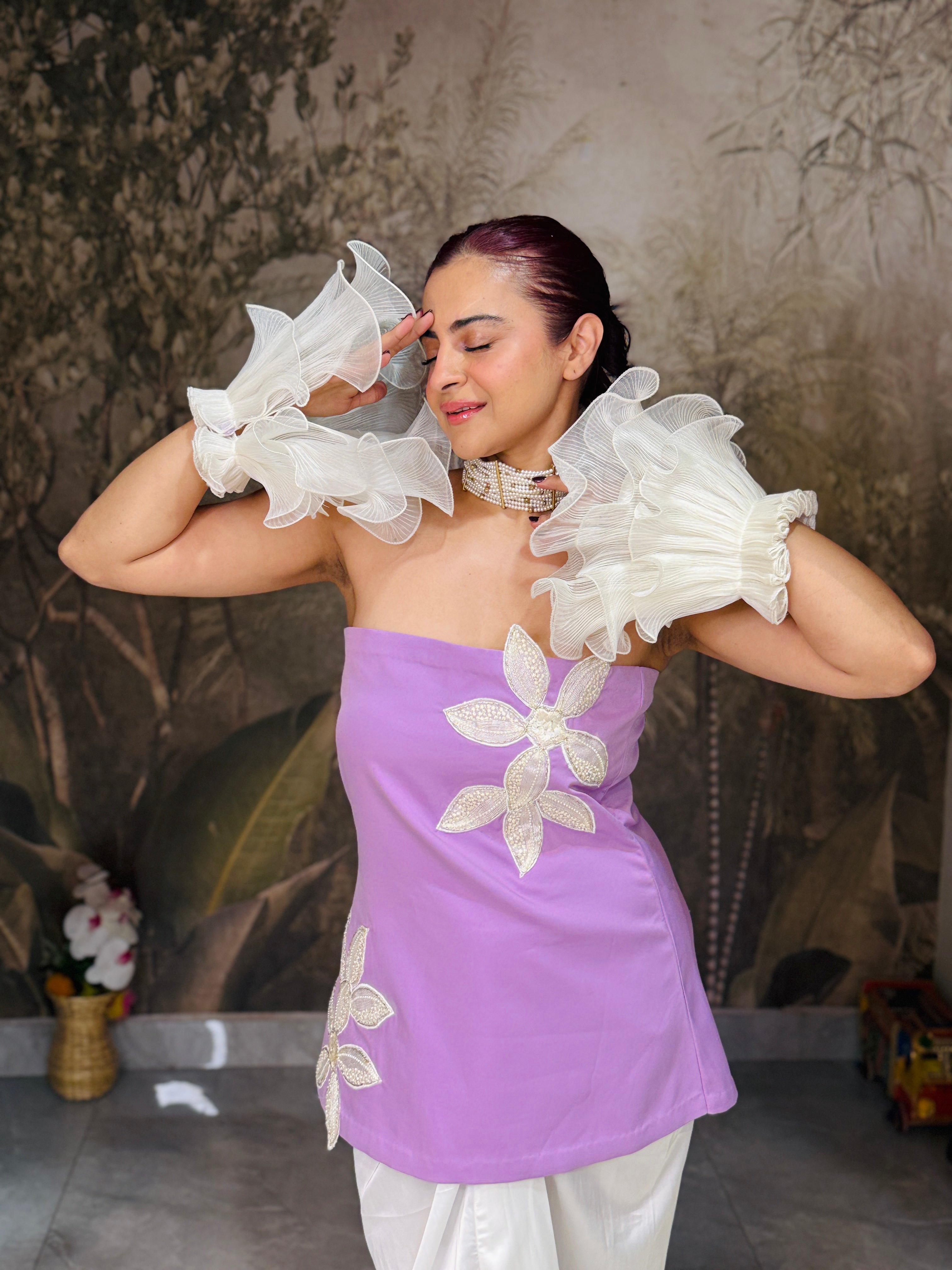 Lilac  white tube dhoti set with ruffles