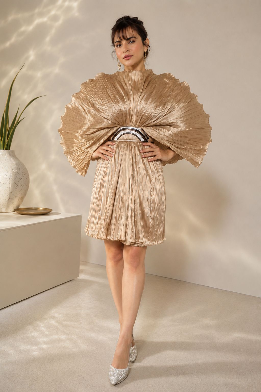 Beige Gauze Dress with Belt