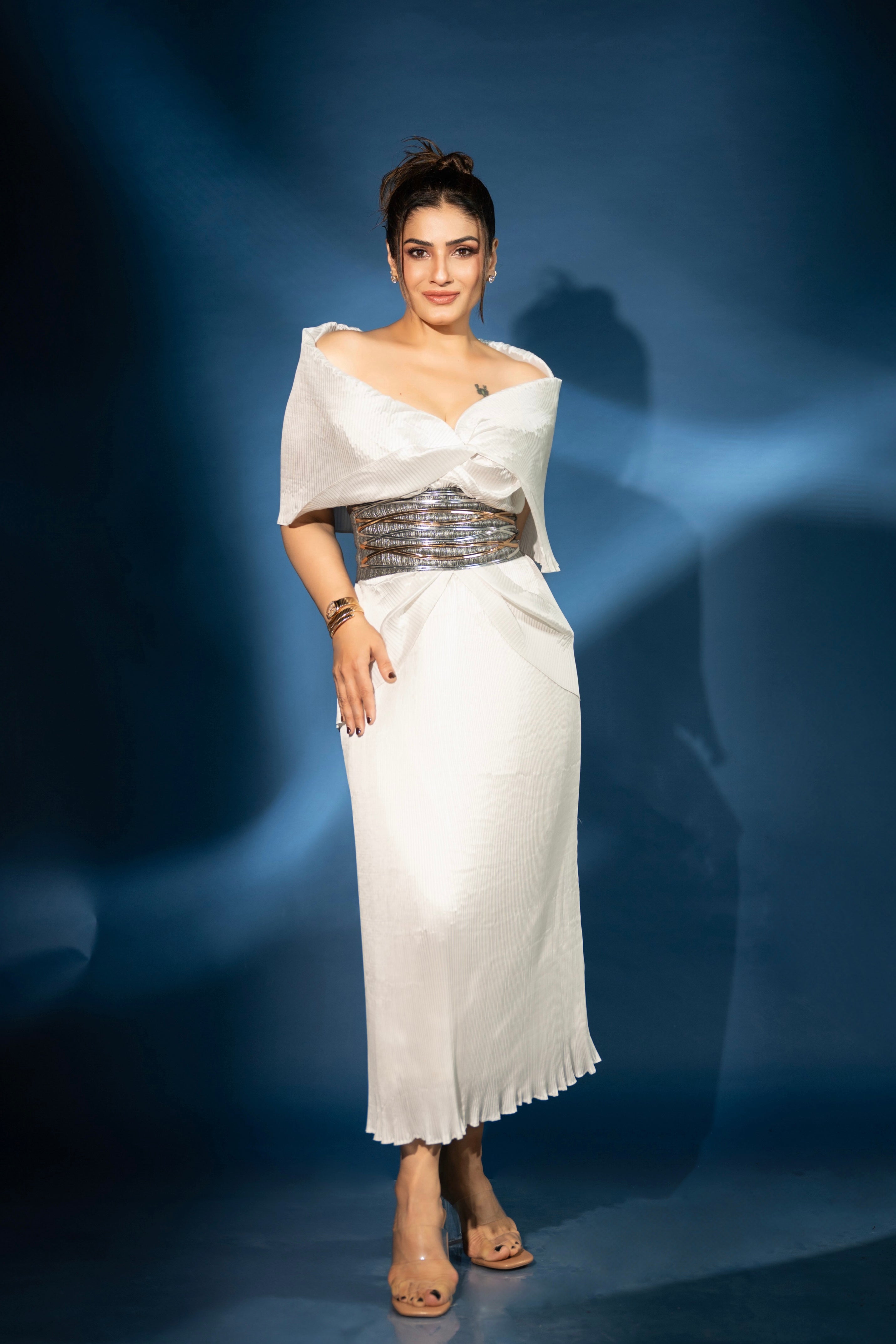 Silk Multi Drape Long Skirt Set in Ivory
