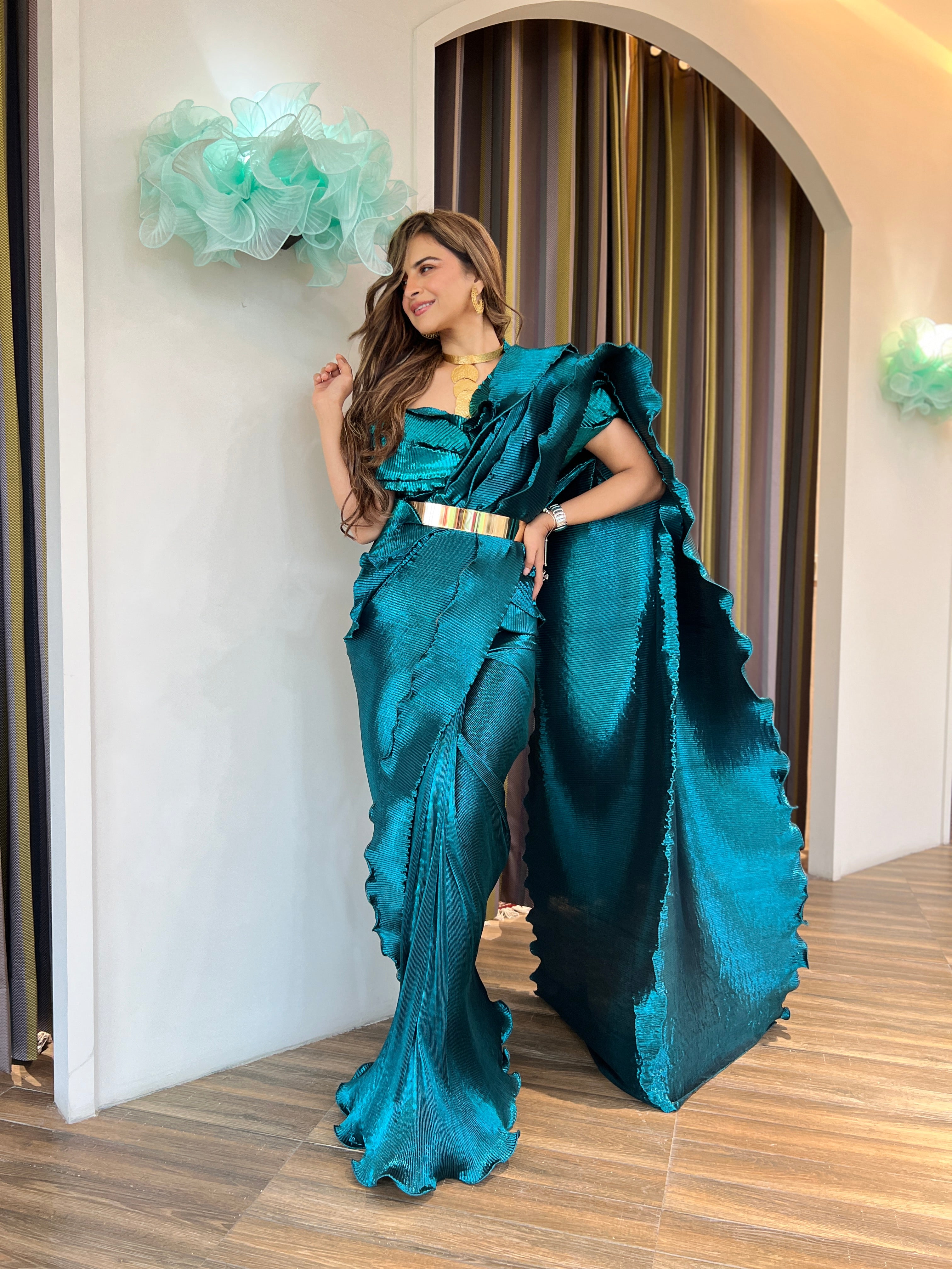 Teal blue pre draped shimmer silk saree