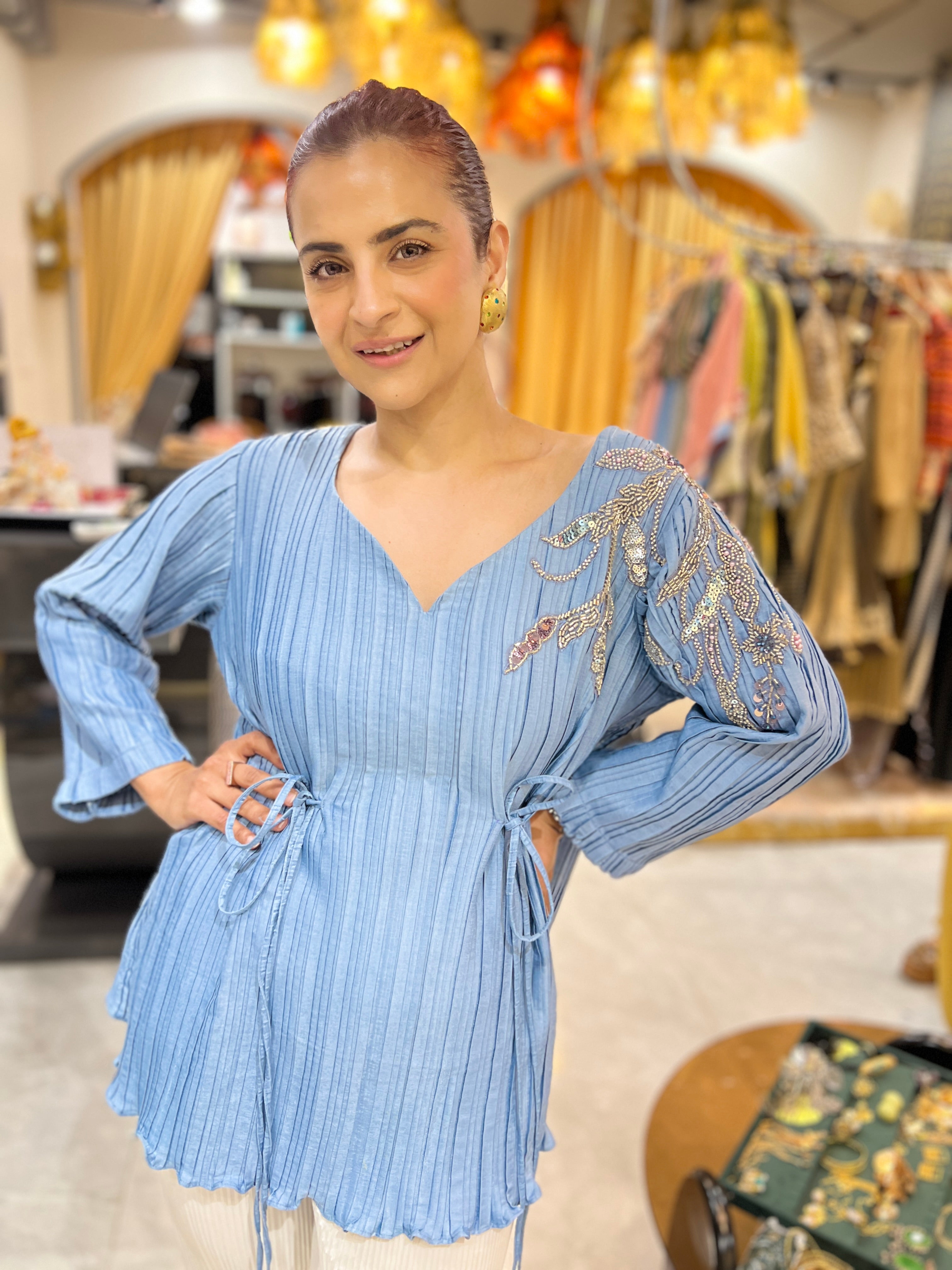 Blue denim & white silk pants set