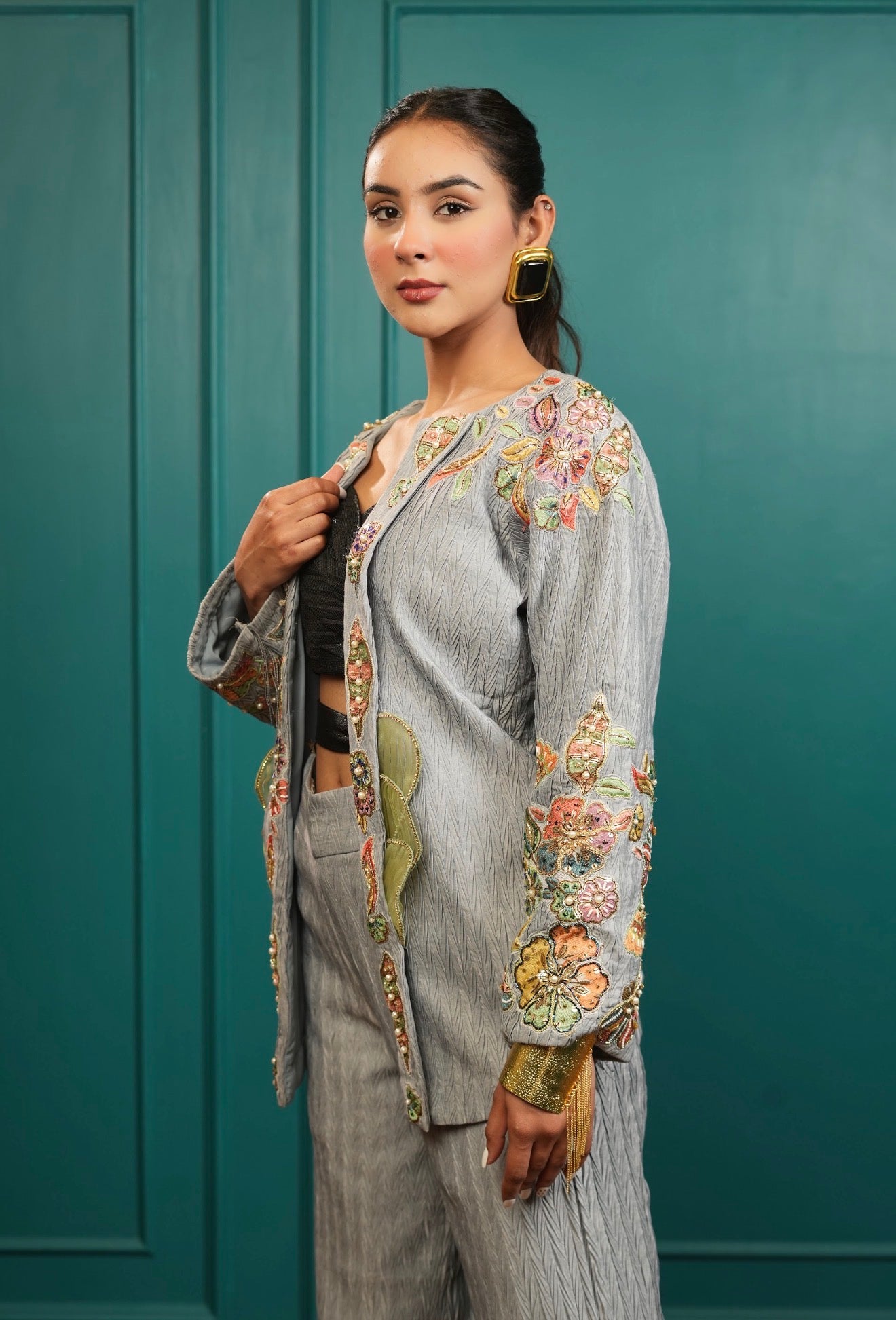 Dove grey denim embellished co ord set