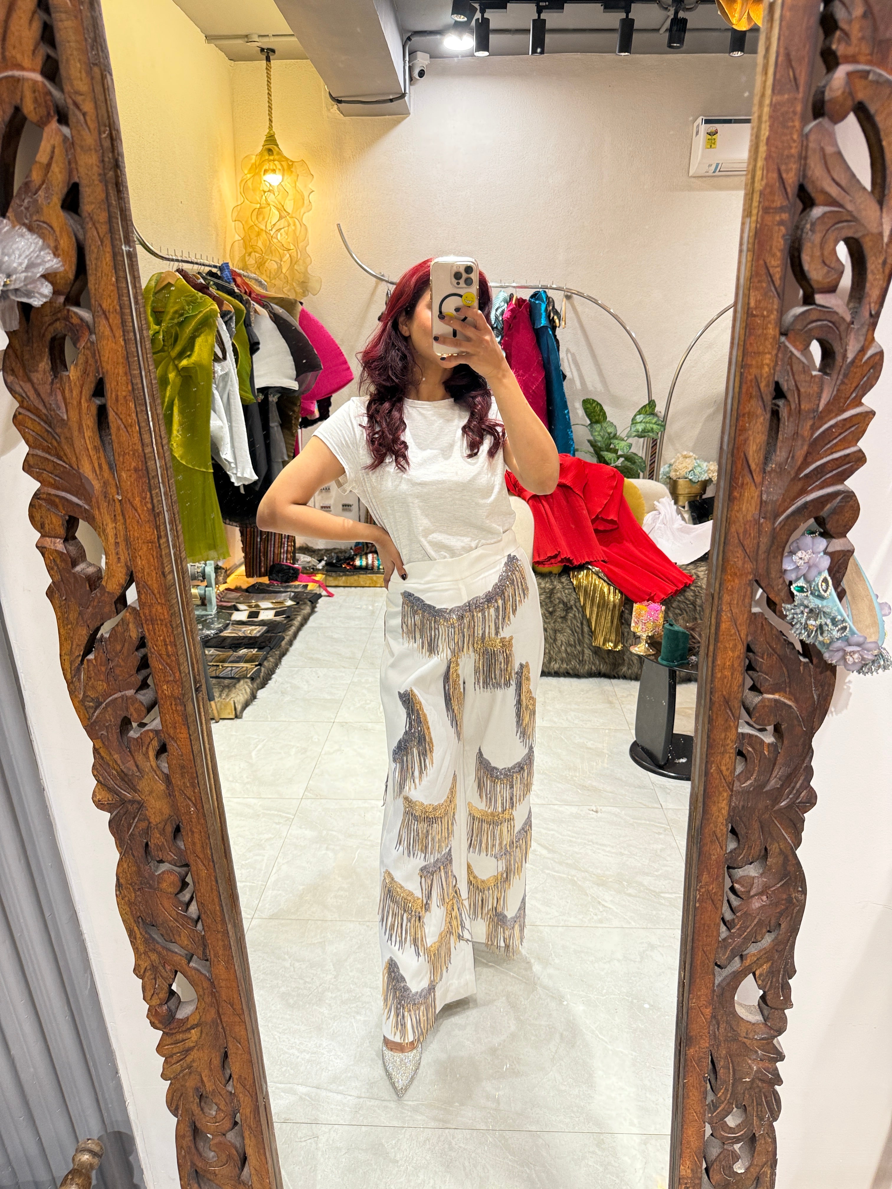 Ivory white pants with silver & gold tassels