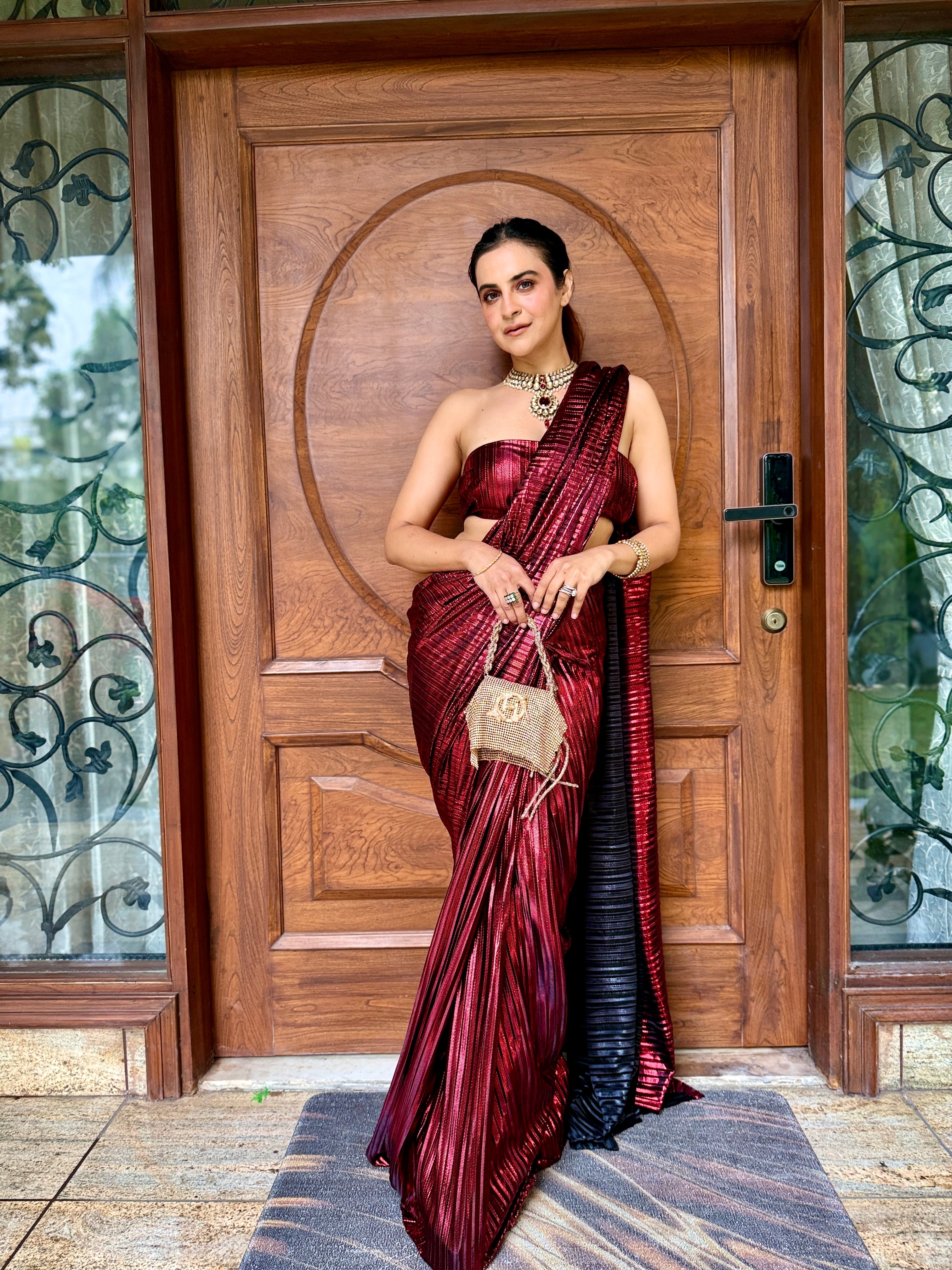 Venetian Red power drape saree set