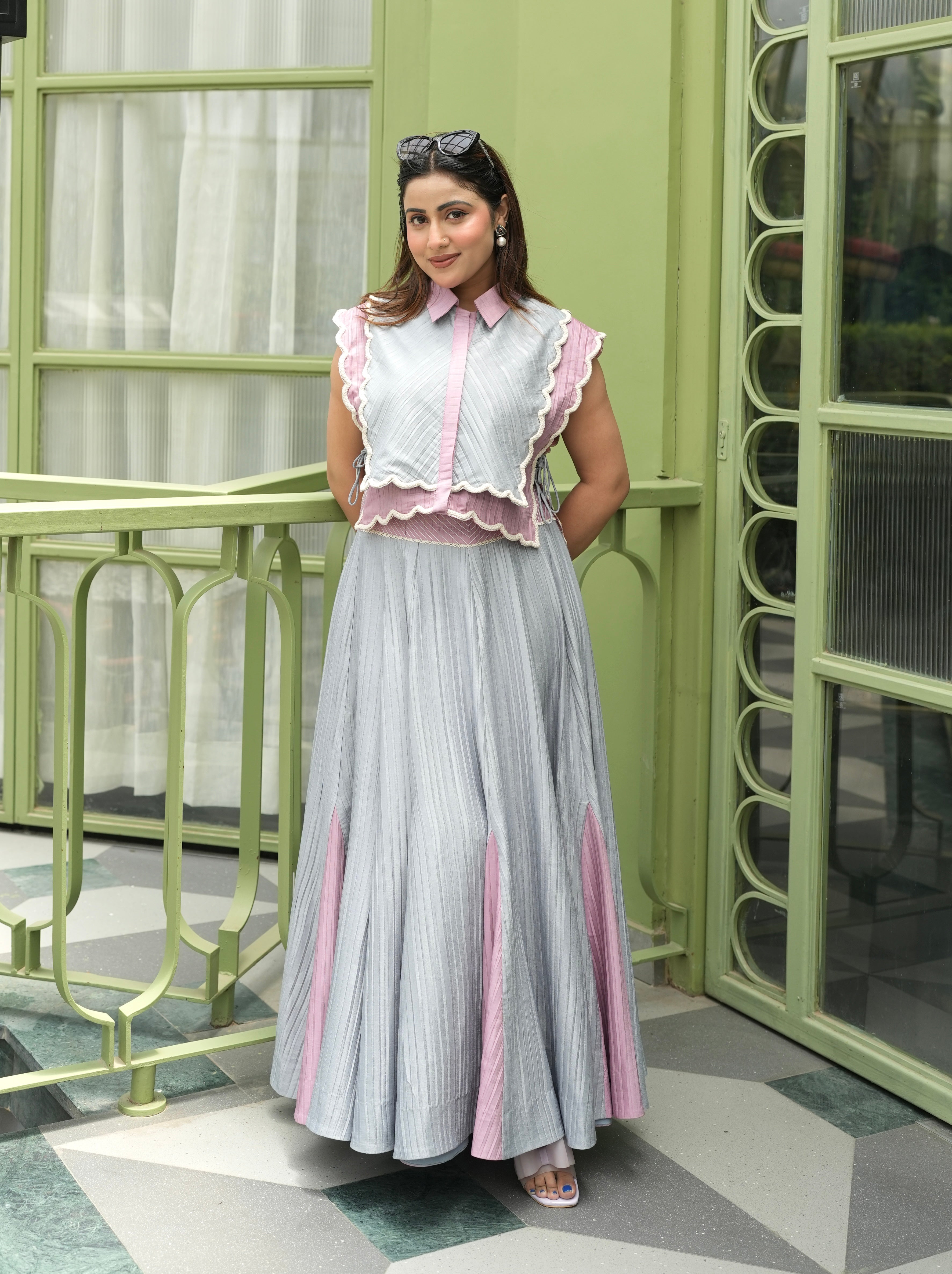 Blush Breeze Skirt Set in Grey and Pink