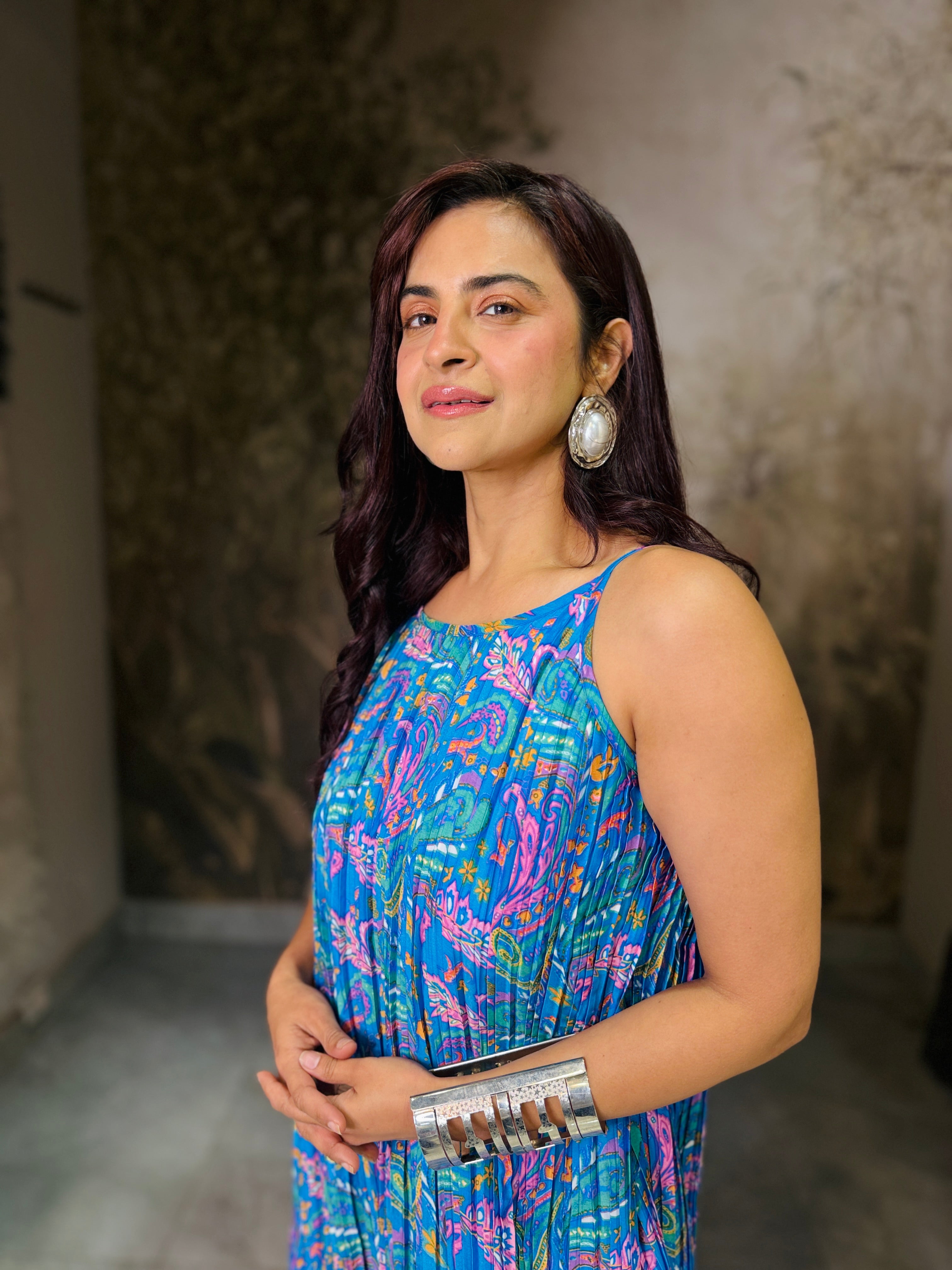 Paisley groove halter neck ruffle dress