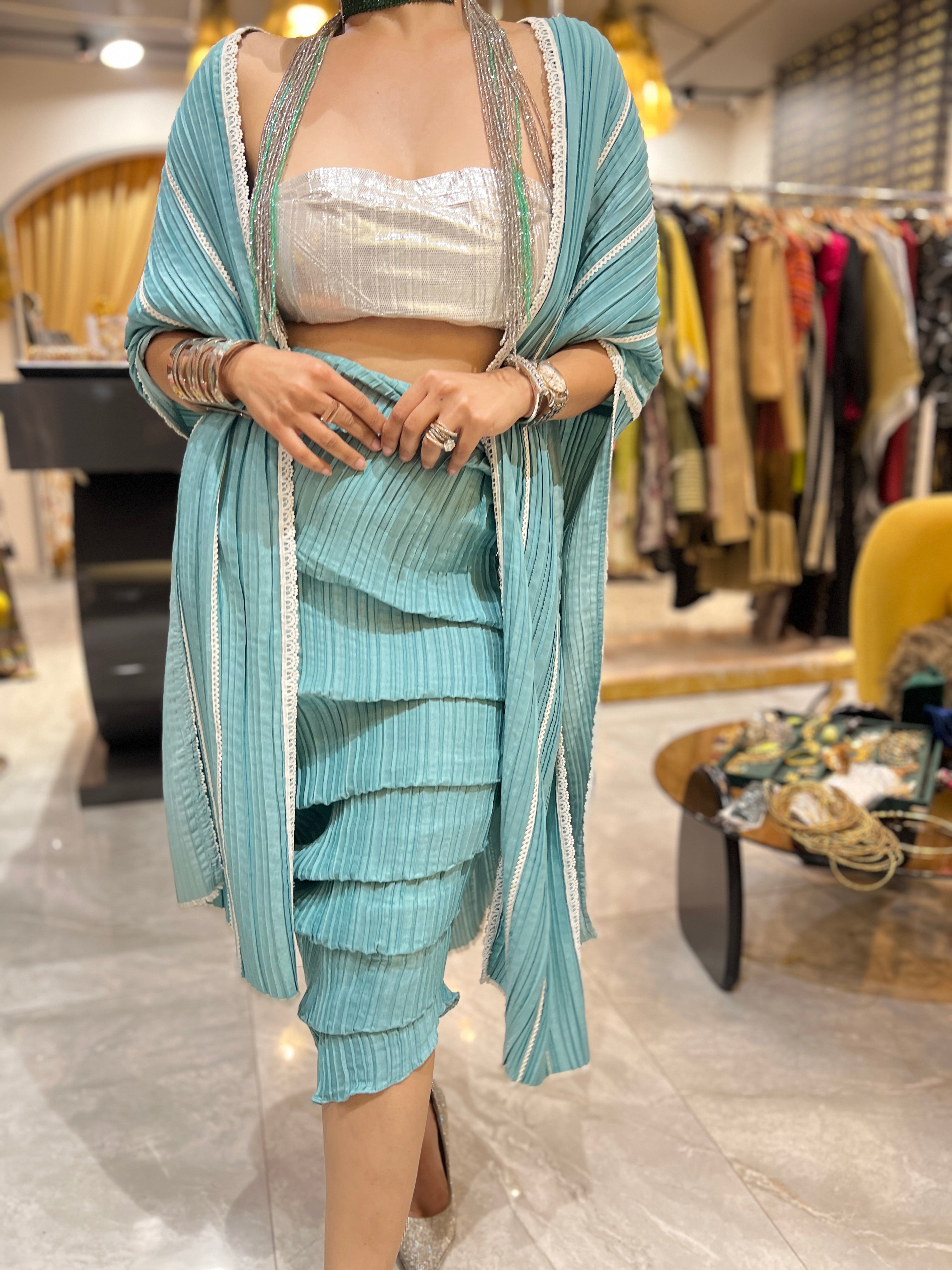 Rushed skirt with illusion cape in Carribean Mint with choker