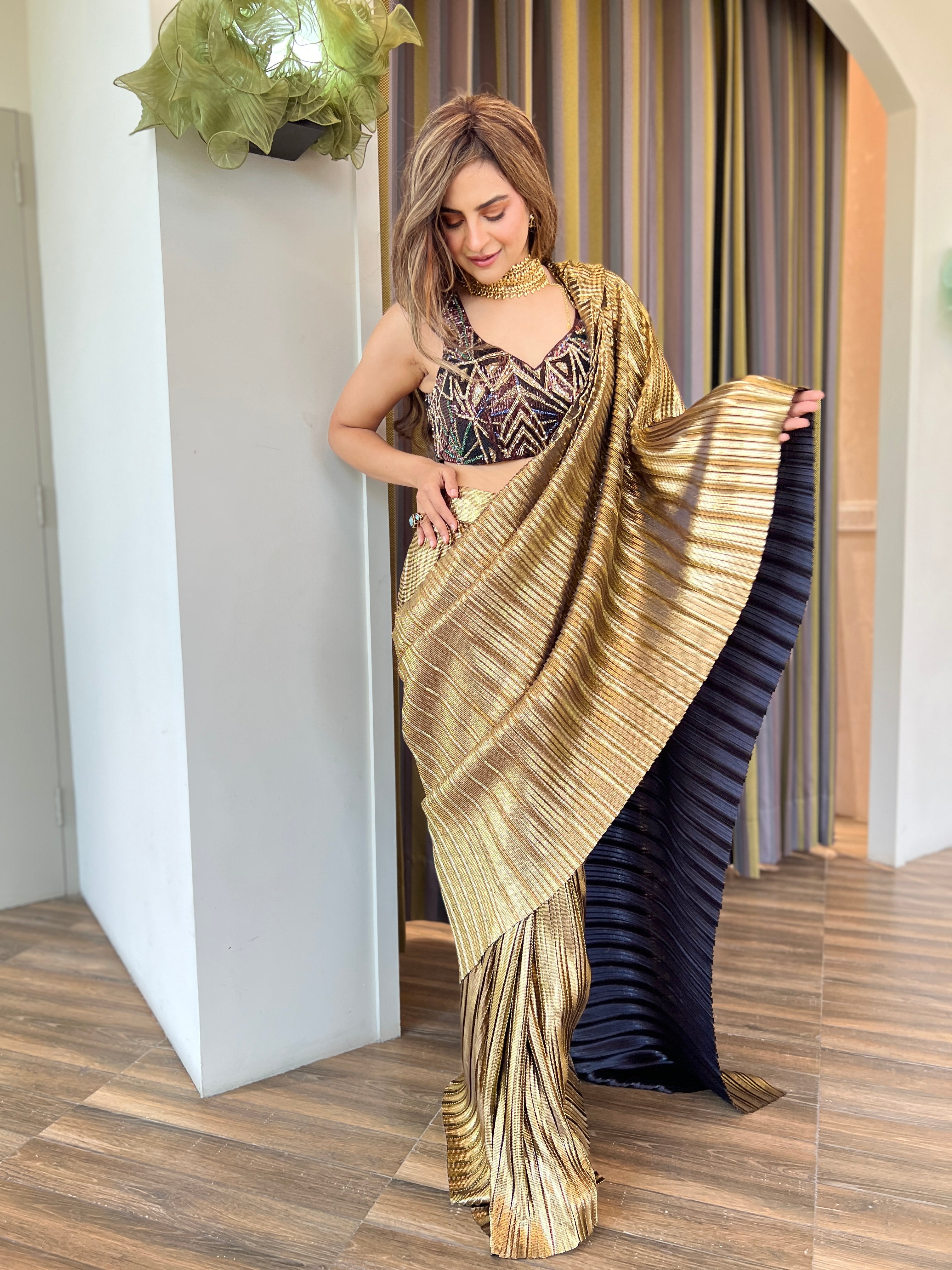 Zardosi Blouse with pre-draped Saree Set in Egyptian Gold