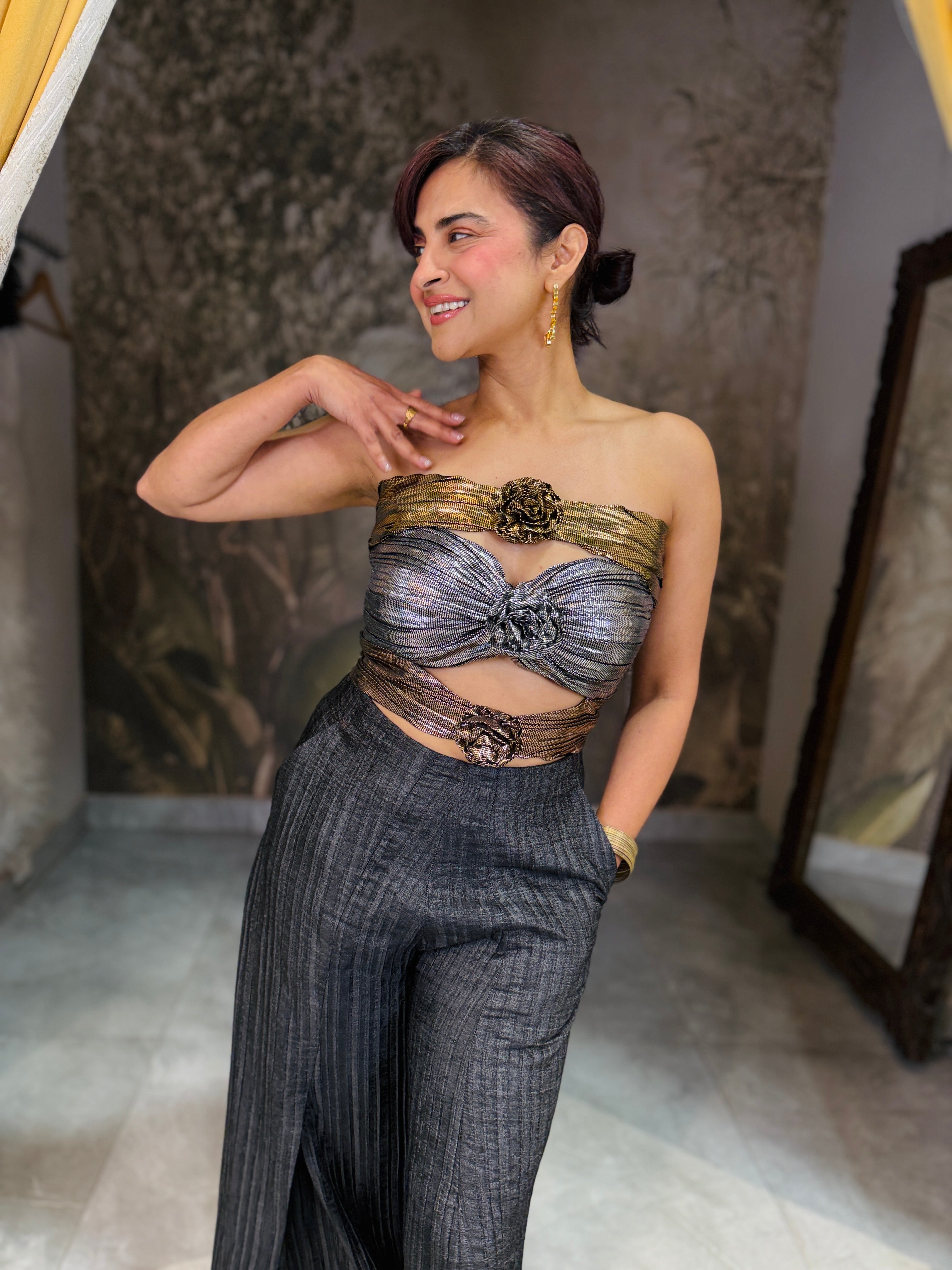 Foil jumpsuit with denim