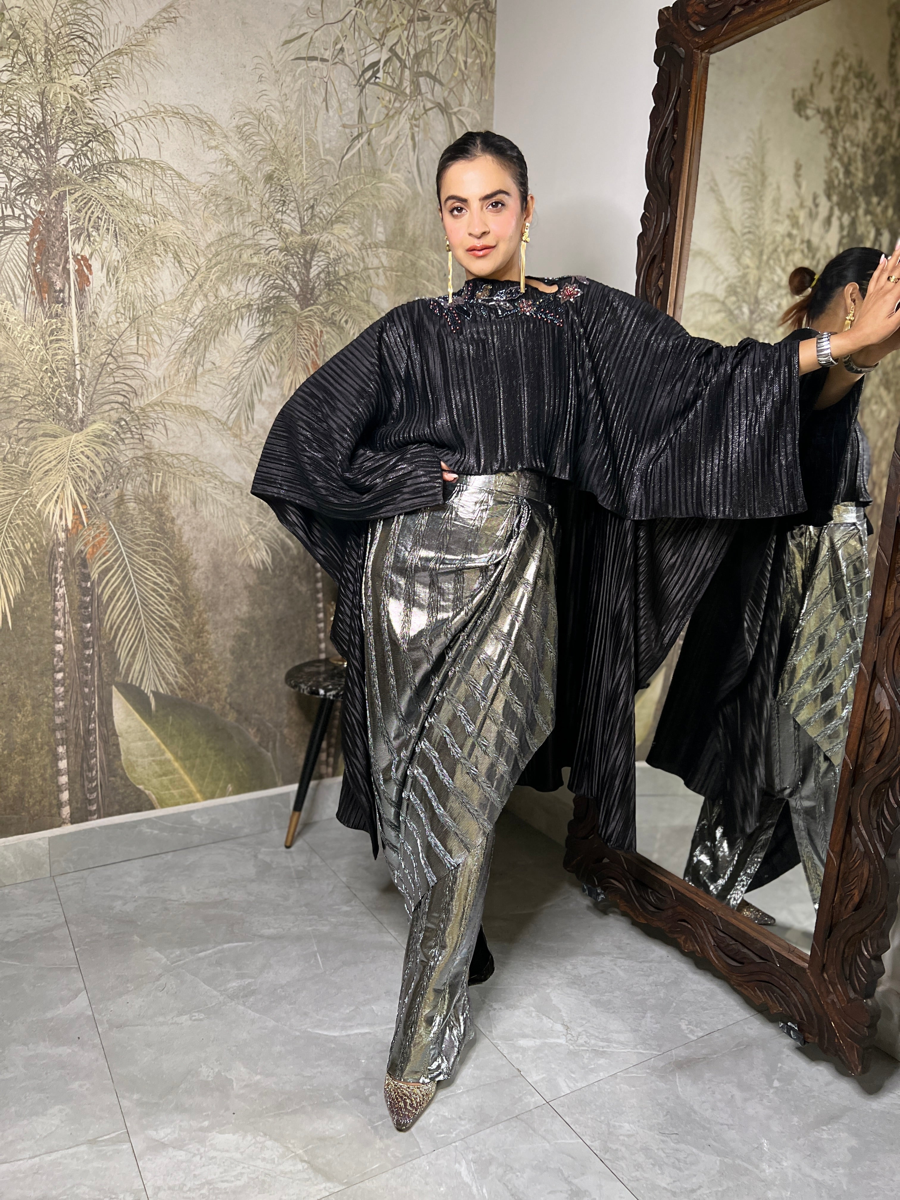 Black cape with silver foil dhoti set