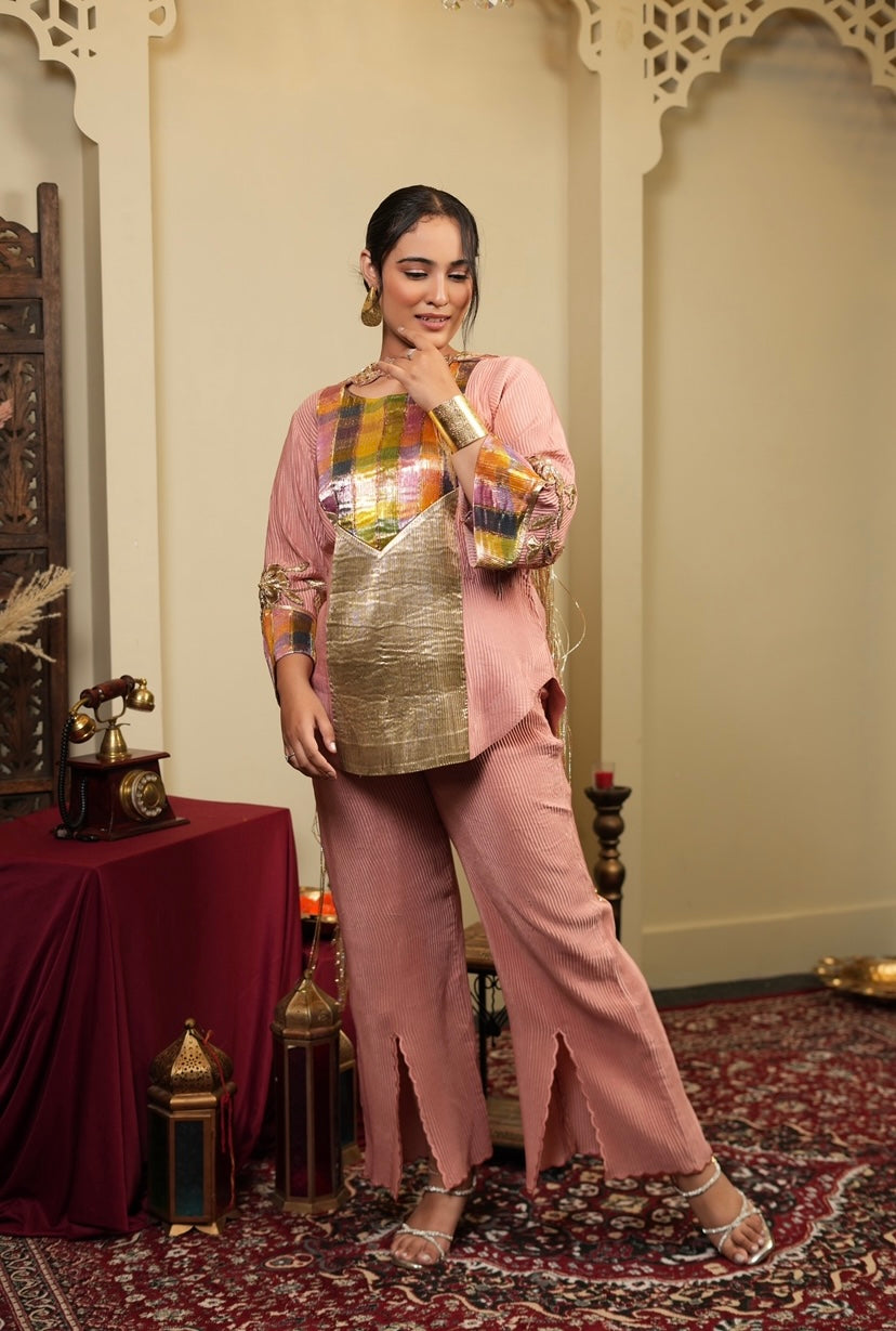 Rose Zari kurta set in Pink