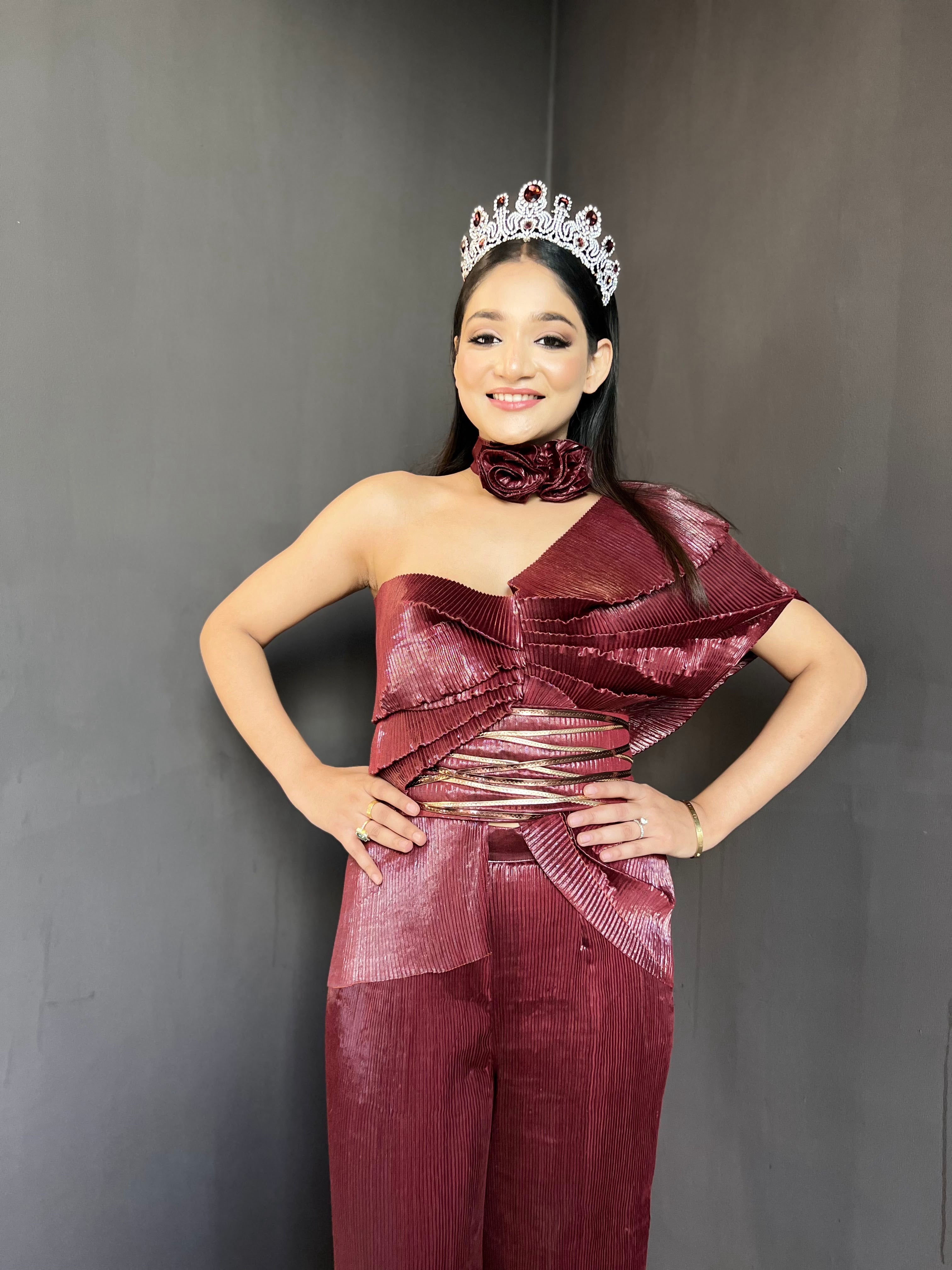 maroon shimmer multidrape pants set