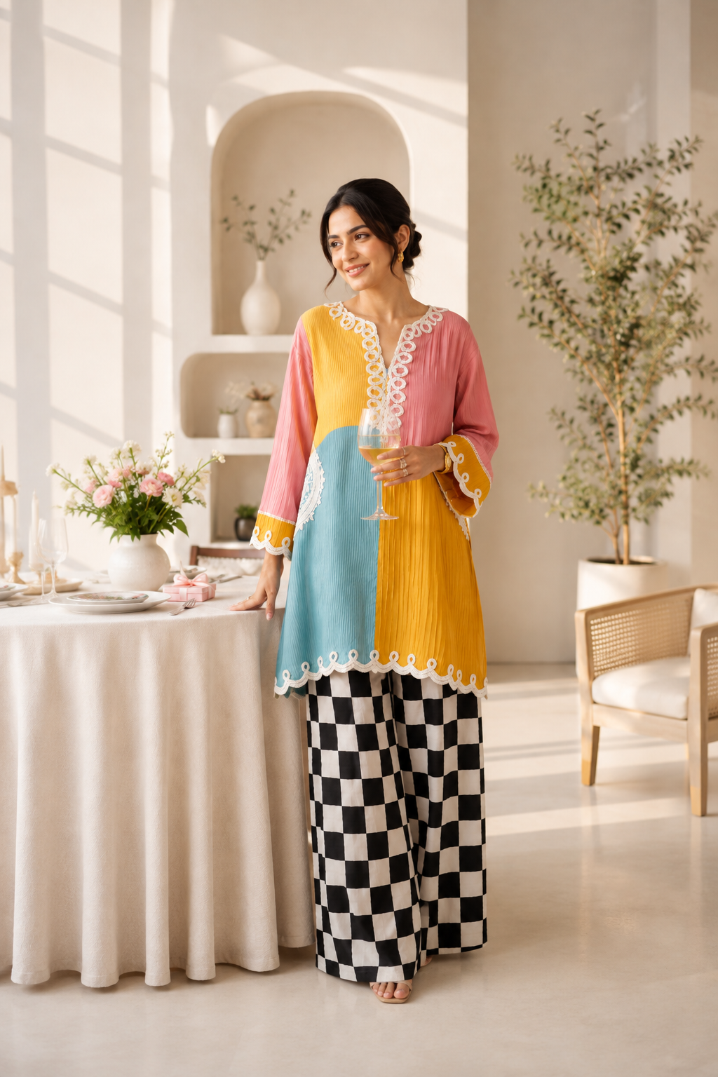 Mishri denim set  Embroidered Dori kurta  pants set in checkerd